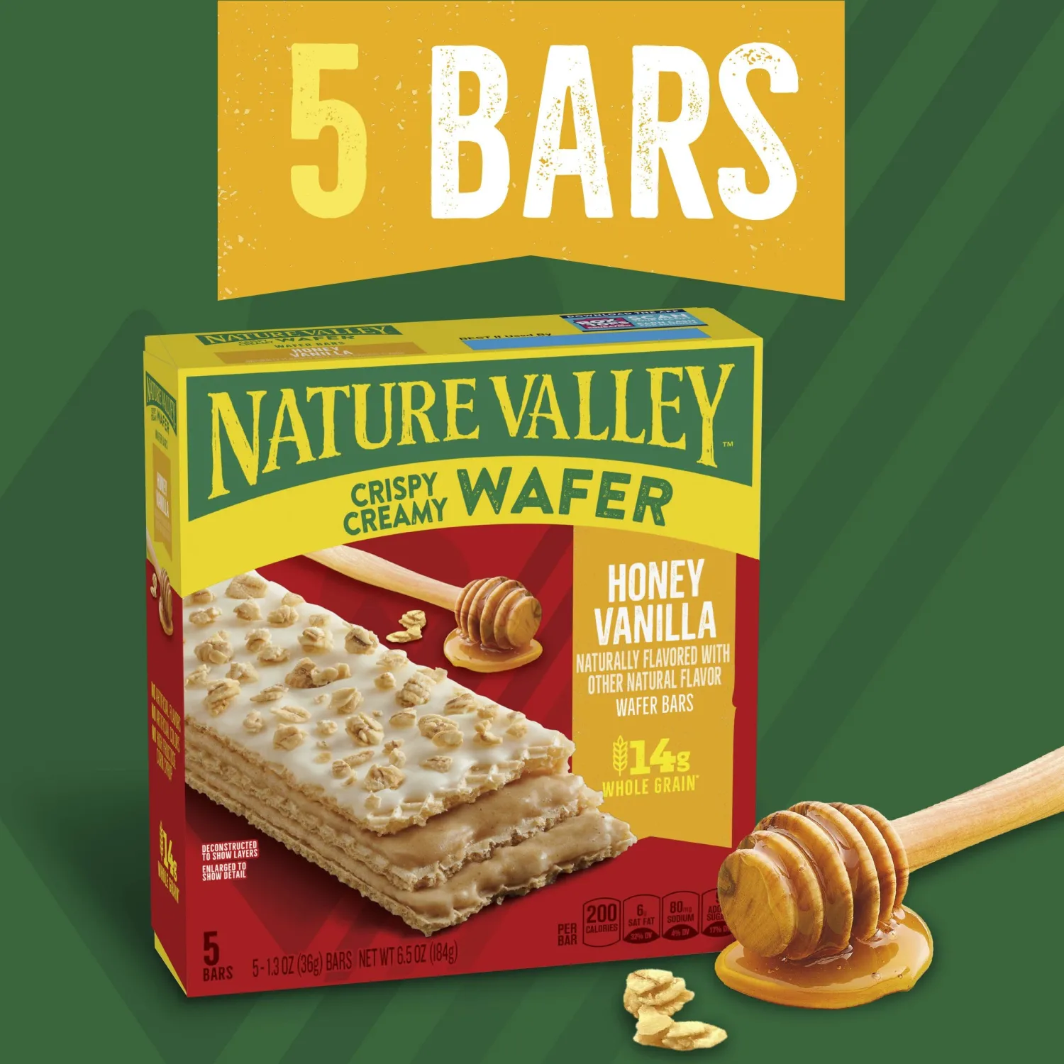 Nature Valley Honey Vanilla Crispy Creamy Wafer Bar, 5 ct, 6.5 oz | Crispy Wafer Layers, Honey Vanilla Filling, Granola Topping, 14g Whole Grain per Serving