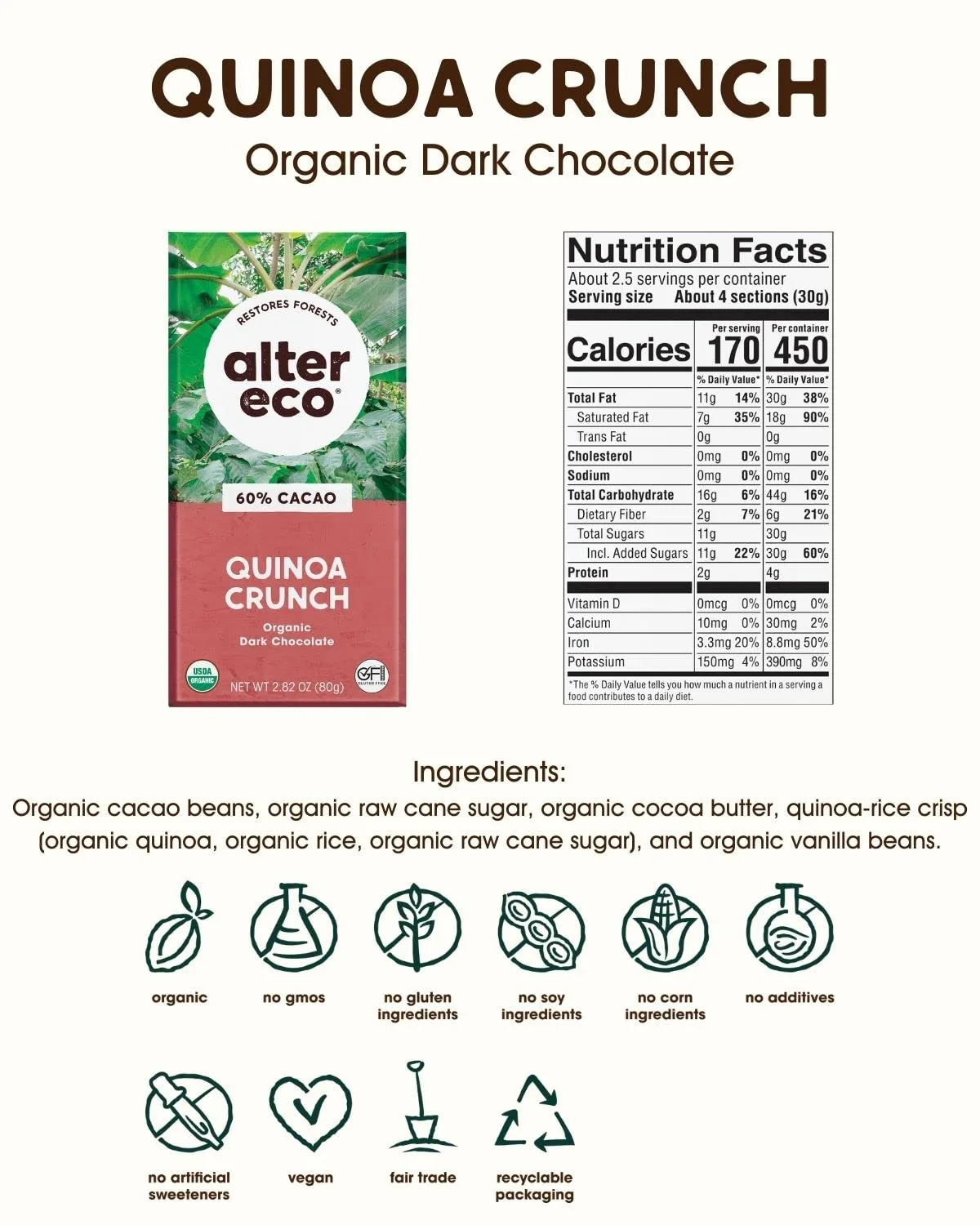 Alter Eco | Dark Chocolate Bars | Pure Dark Cocoa, Fair Trade, Organic, Non-GMO, Gluten Free (2-Pack Dark Quinoa Crunch)