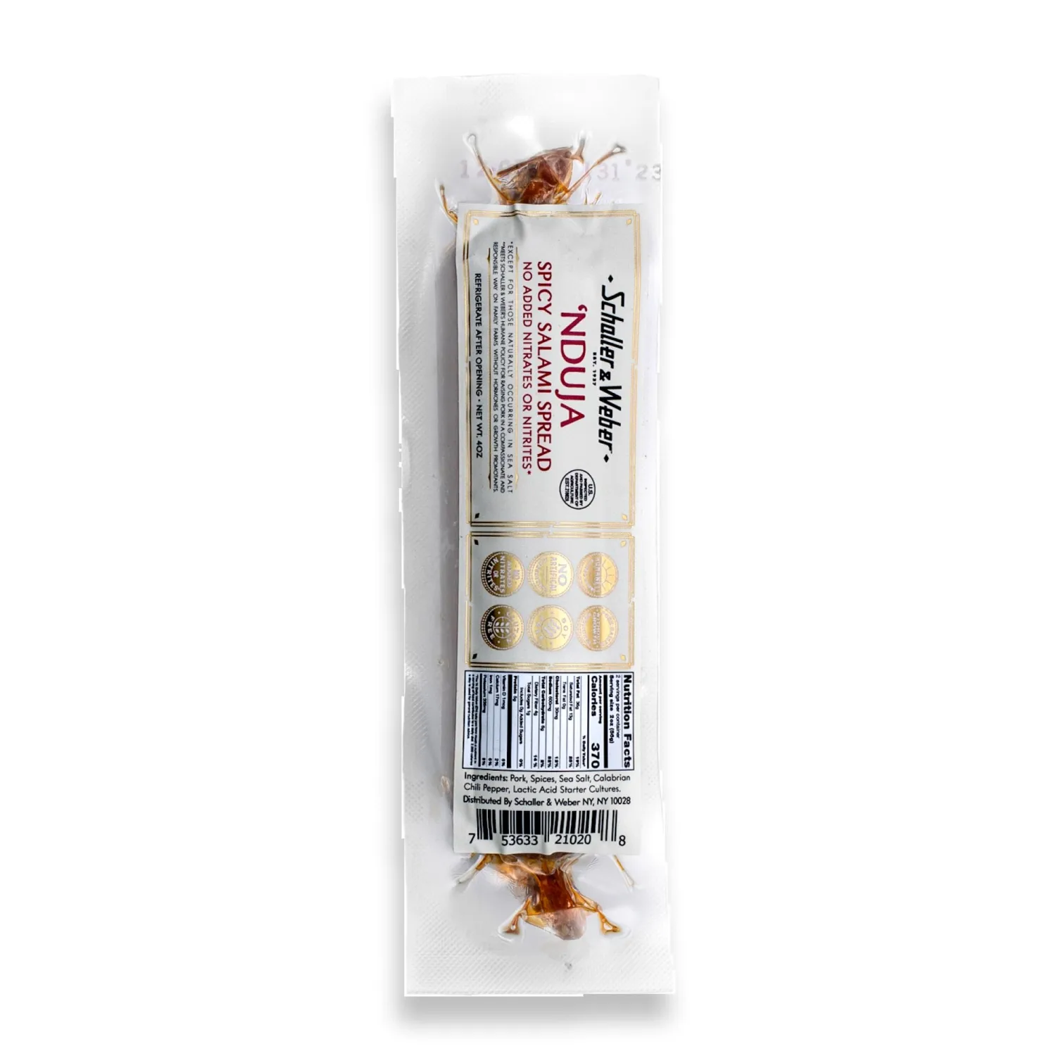 Schaller & Weber Nduja Spicy Salami Spread, 4 Oz (Pack of 1) | Nduja Calabrian Spreadable Salami | No Artificial Ingredients, All Natural, Gluten Free | Salami Spread for Pizza & Pasta