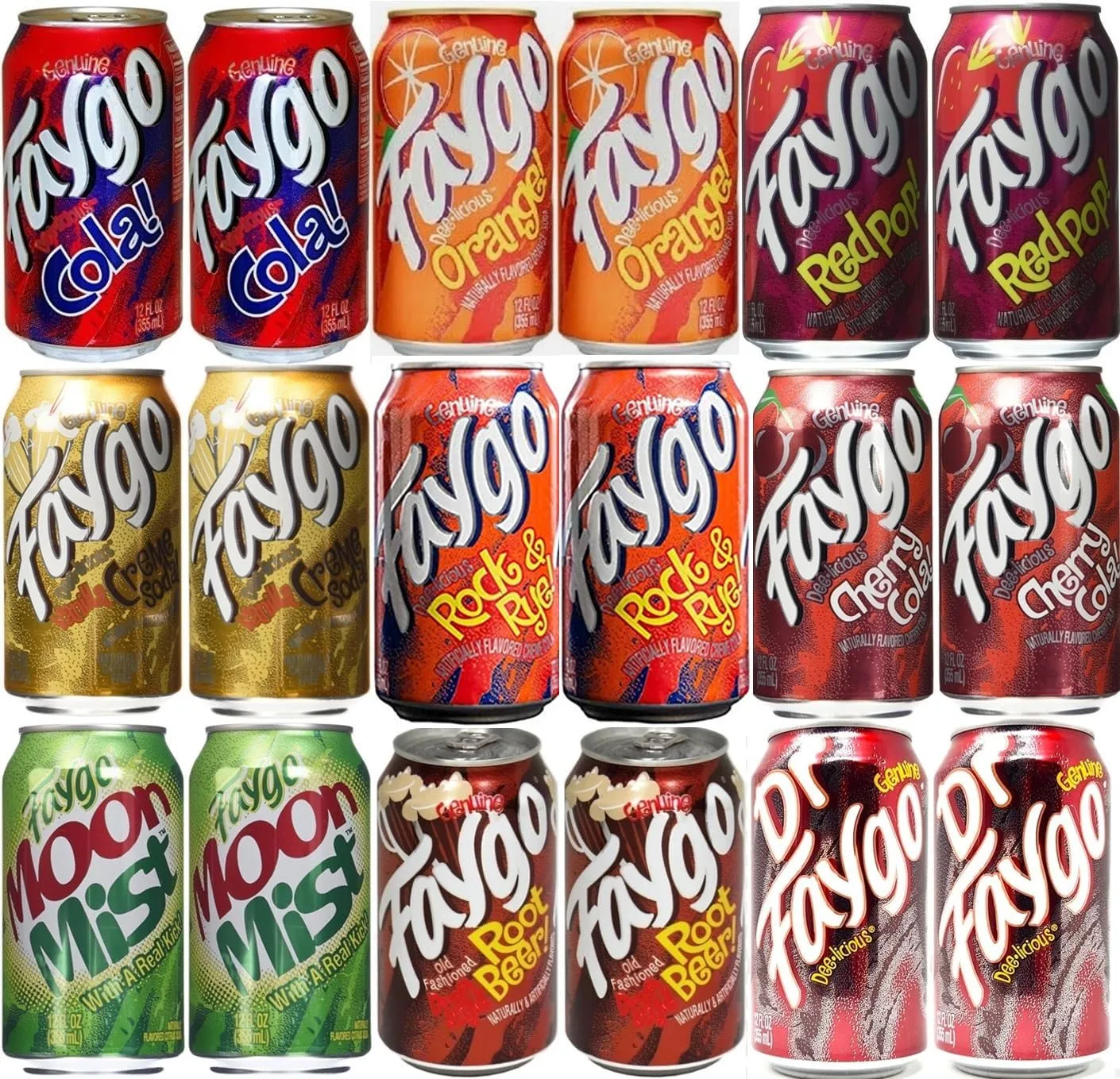 Faygo Soda Pop Soft Drink Variety 18 pack of 12oz Cans - 2 each Redpop, Vanilla Cream Creme Soda, Rock and Rye, Moon Mist, Root Beer Rootbeer, Orange, Black Cherry, Dr Faygo and Cola Great for office or work fridge restocks
