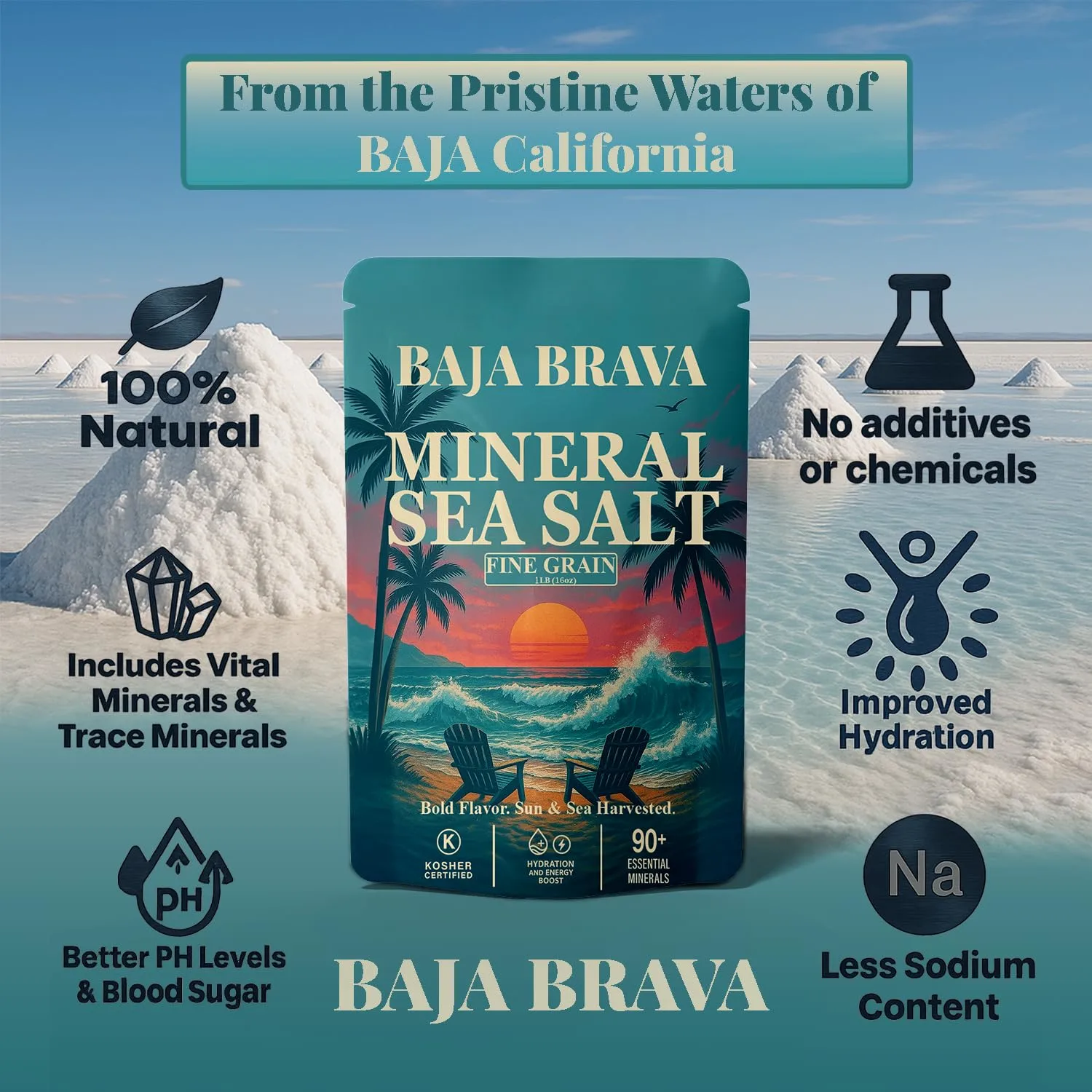 Baja Brava Mineral Sea Salt Fine Grain from Baha California | Unrefined, Sun-Dried, with 90+ Organic Minerals, Rich in Electrolytes for Hydration & Wellness | Gourmet for Cooking, Baking & Finishing