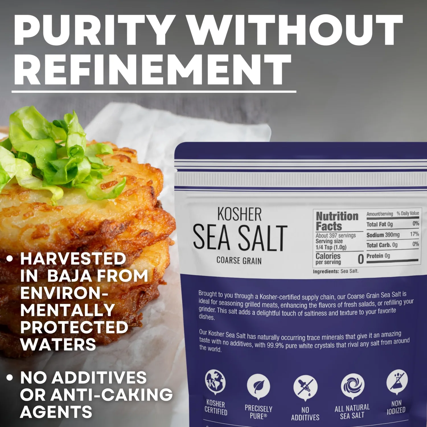 Coarse Grain Kosher Sea Salt for Grinder, Non-Iodized & Natural Replacement for Table Salt, 14 oz Bag