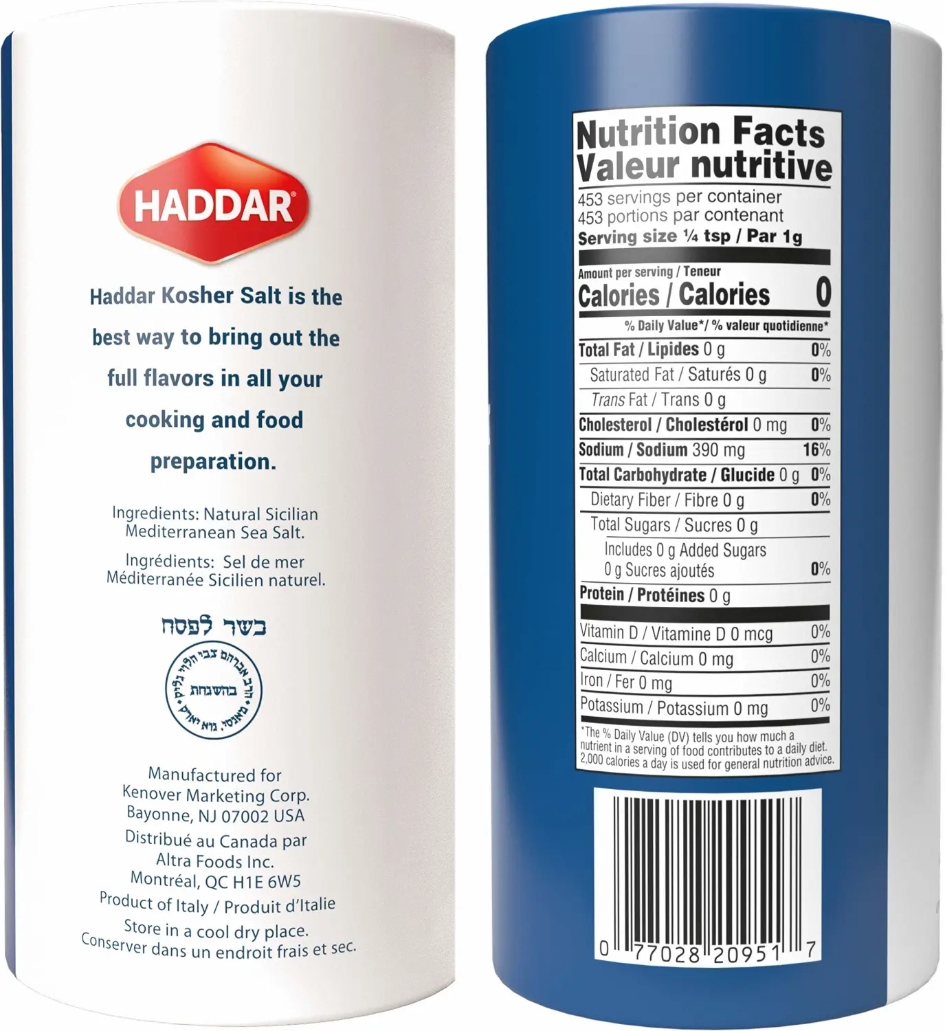 Haddar, Kosher Salt, 16oz Tube (2 Pack) Total 2LB | Premium Coarse Sea Salt from Italy