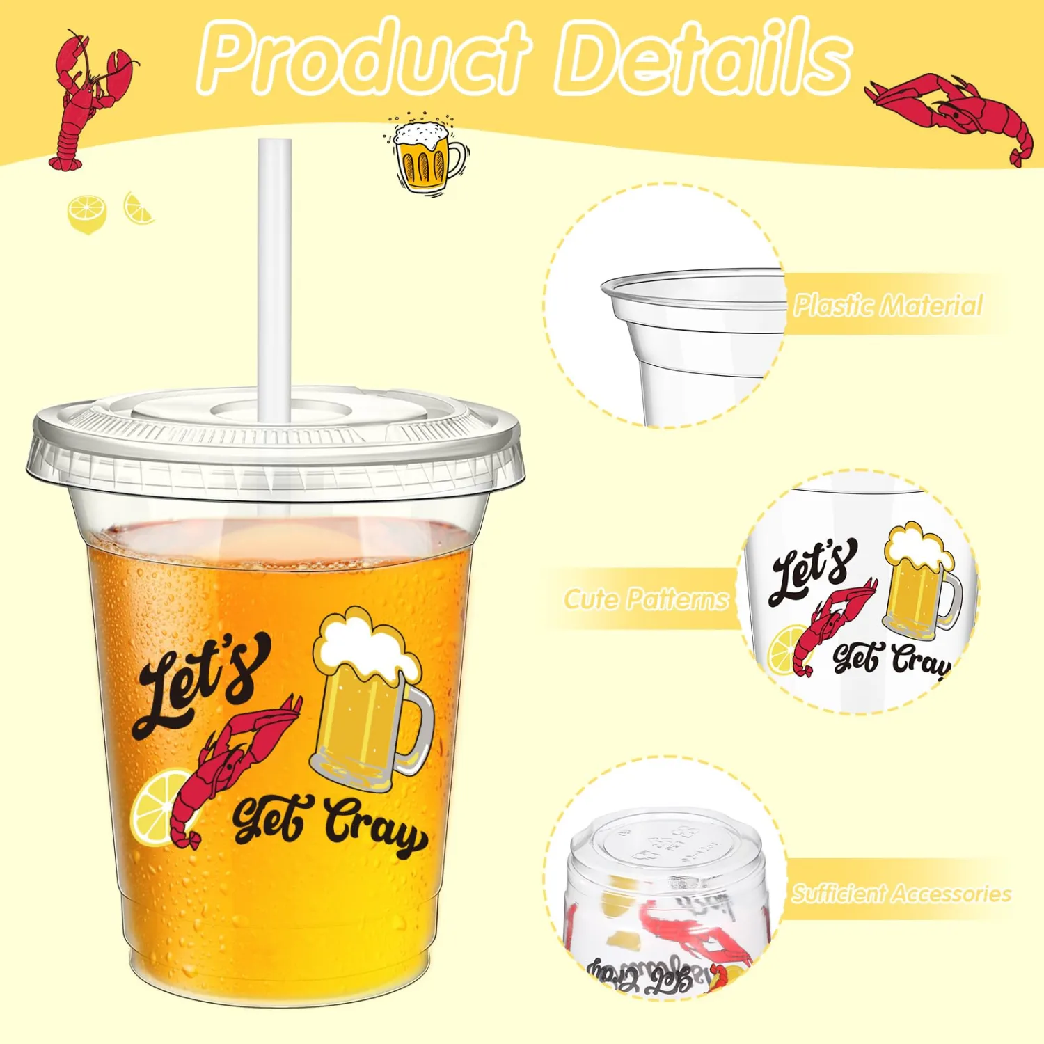 60 Pcs Crawfish Boil Cups Bulk 12 oz Lobster Plastic Cups with Straw Let's Get Cray Disposable Clear Crawfish Drinking for Crayfish Crab Seafood Boil Party Decoration Supplies
