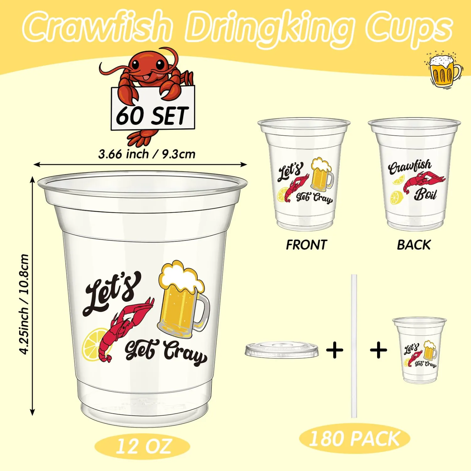 60 Pcs Crawfish Boil Cups Bulk 12 oz Lobster Plastic Cups with Straw Let's Get Cray Disposable Clear Crawfish Drinking for Crayfish Crab Seafood Boil Party Decoration Supplies