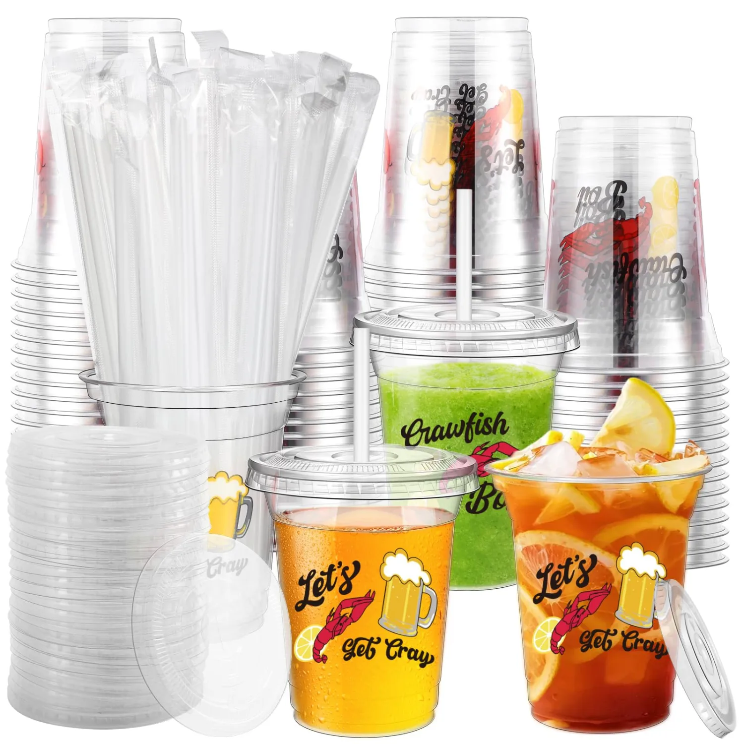 60 Pcs Crawfish Boil Cups Bulk 12 oz Lobster Plastic Cups with Straw Let's Get Cray Disposable Clear Crawfish Drinking for Crayfish Crab Seafood Boil Party Decoration Supplies