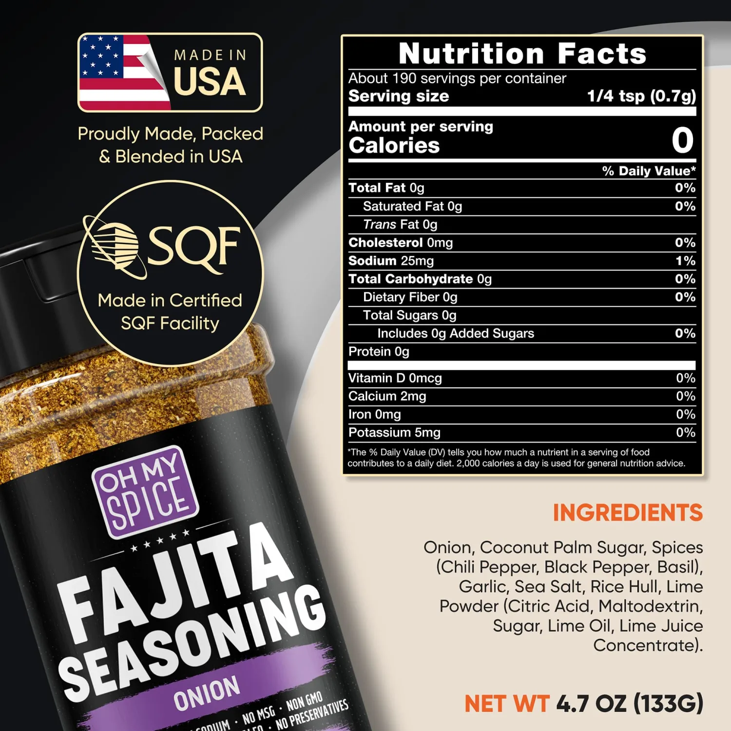 Fajita Seasoning Mix Onion Powder Seasoning - Gluten Free & Low Sodium Mexican Seasonings Blend for Meat & Vegetables, Fish, Steak & Chicken Fajita. Taco Mix Spices. Fajitas Seasonings Spice. 4.7oz