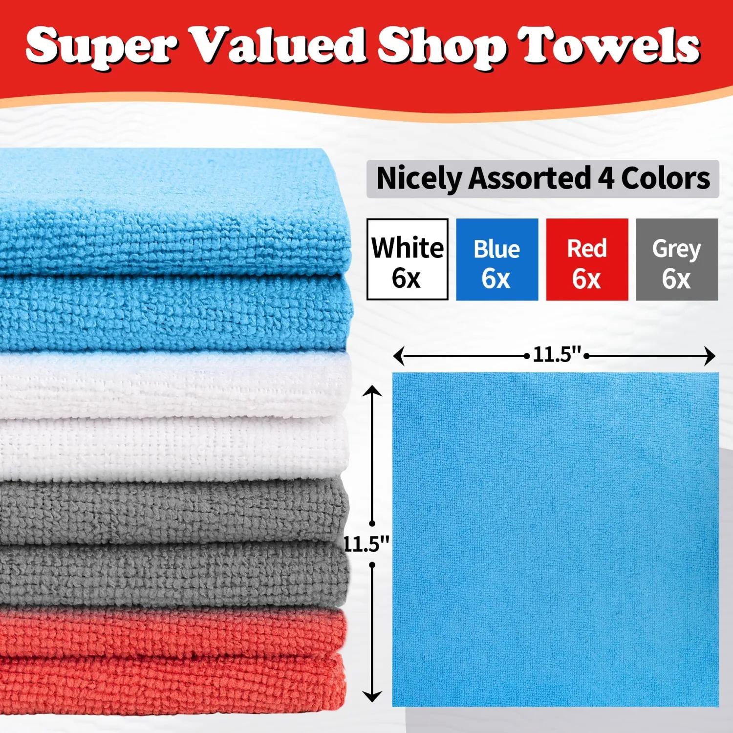 FIXSMITH Shop Towels, Microfiber Cleaning Cloth Bulk, 24 Pack Microfiber Towels for Cars, All-Purpose Absorbent Cleaning Rags, Dust Cloth for Automotive, Mechanic, Garage, Bar, 11.5 x 11.5 inch