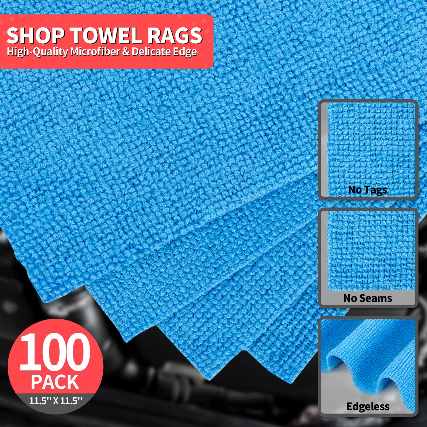 HOMERHYME Shop Towels, 100 Pack Microfiber Towels for Cars, Microfiber Cleaning Cloths, Bulk Multipurpose Lint-Free Cleaning Rag for Mechanic Automotive Garage Office, 11.5"*11.5" Blue