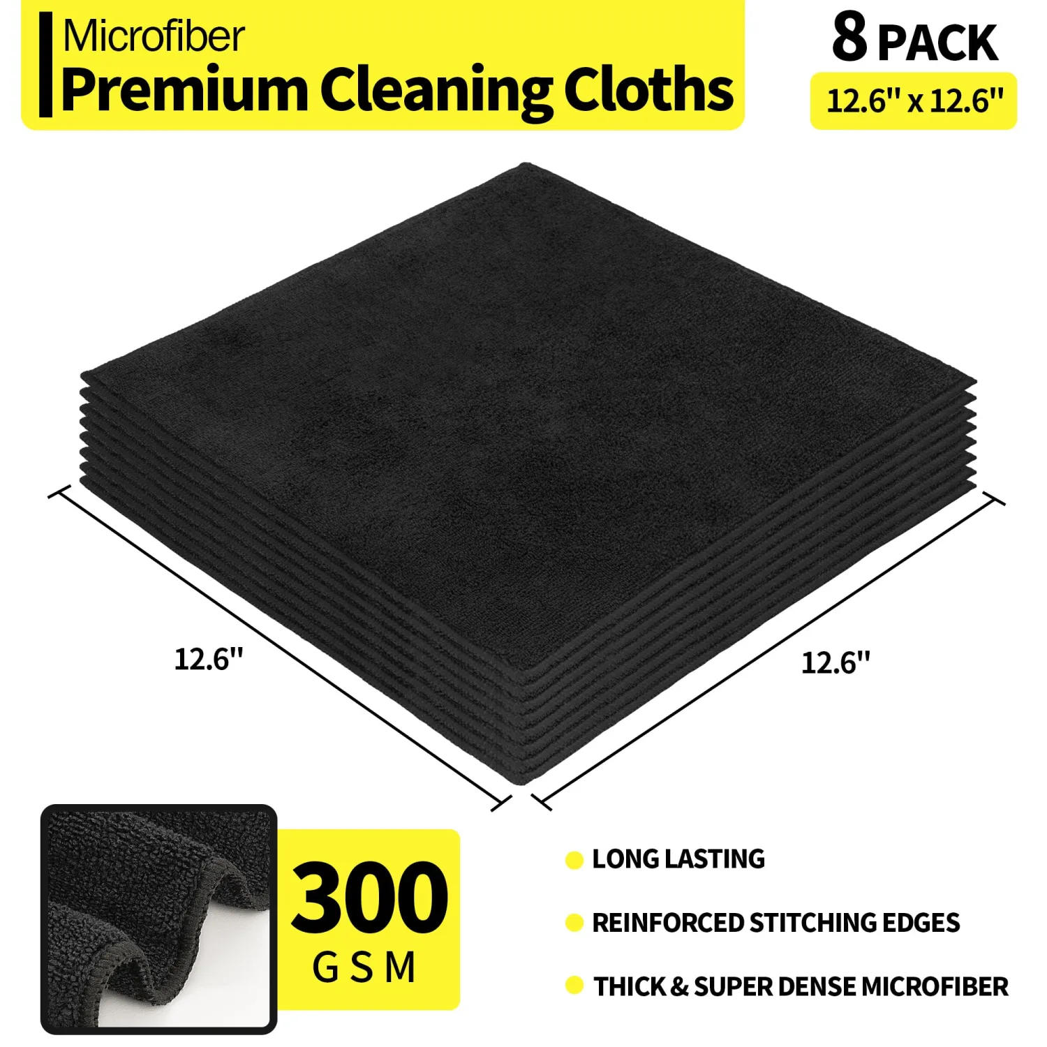 HOMERHYME Premium Microfiber Cleaning Cloth, 8 Pack, 12.6" x 12.6" Cleaning Towels, Lint-Free & Streak-Free, Ultra Absorbent, 300GSM, Reusable Microfiber Towel for Cars Kitchen Garage House Office