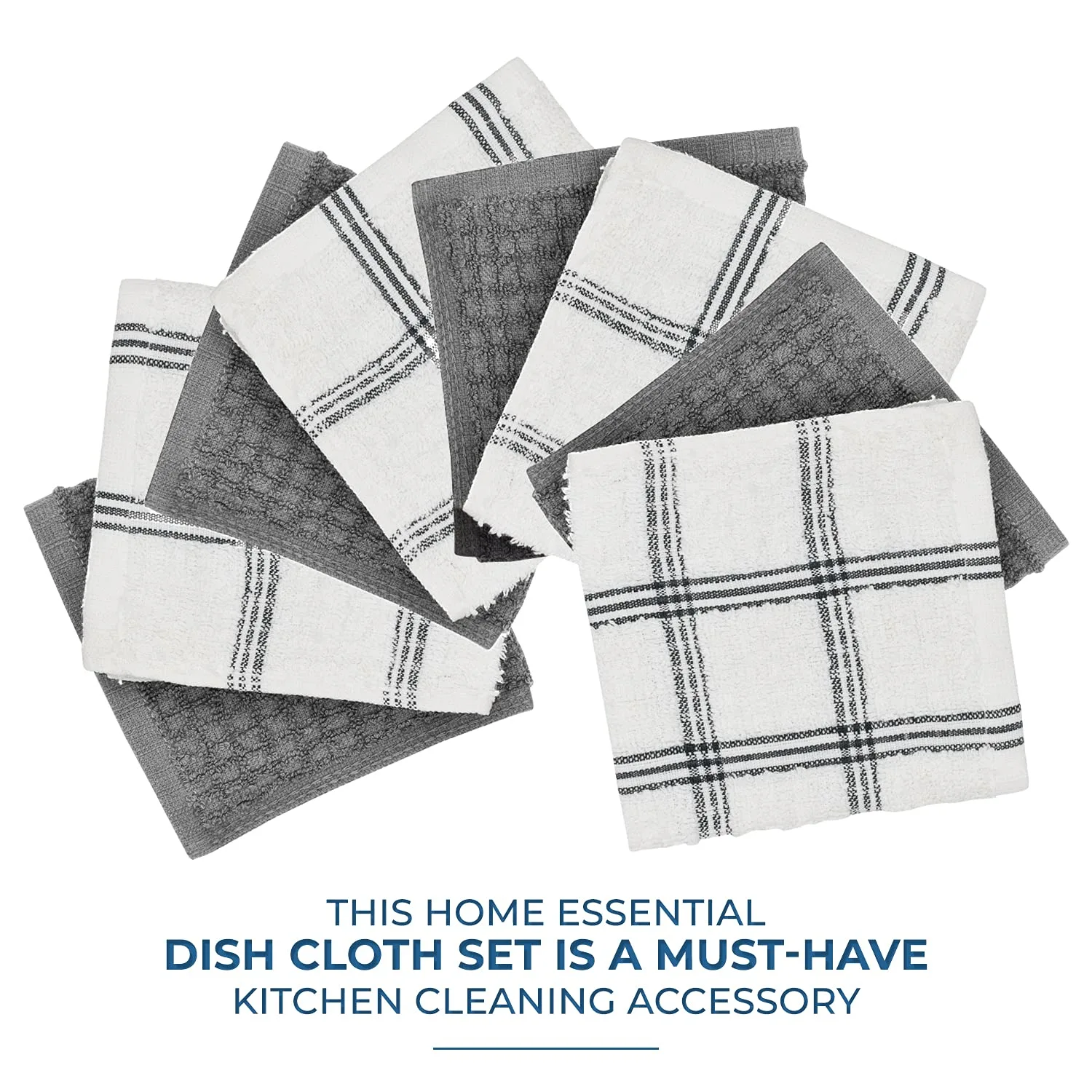 DAN RIVER Kitchen Wash Cloths for Dishes - Pack of 8, 12x12 Inches - Super Soft, Highly Absorbent, Quick Dry, Smell Free Rags- Kitchen Towels and Dishcloths Sets for Cleaning - Grey