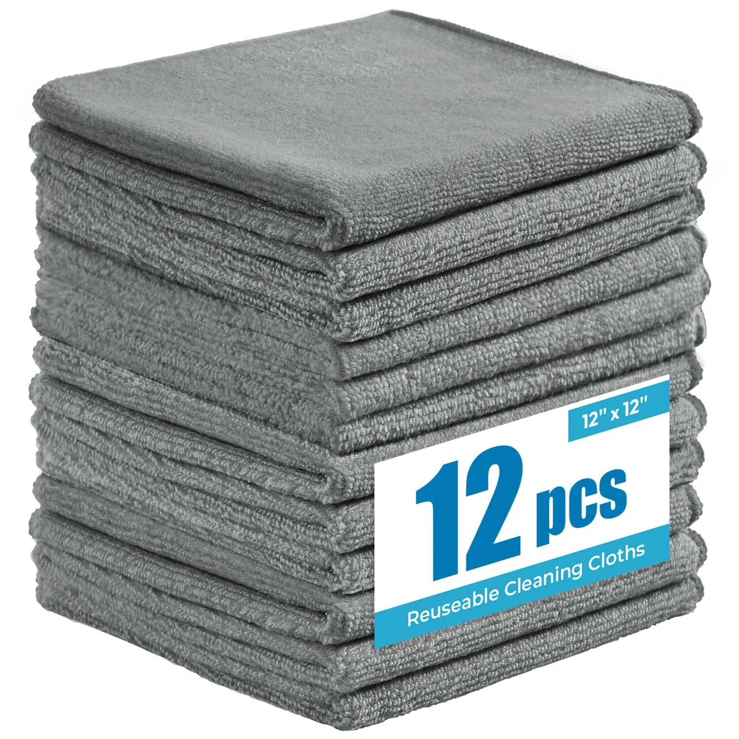 Microfiber Cleaning Cloths 12”x12”, 12Pack - Extra Thick Kitchen Towels - Streak-Free, Lint-Free, Fast Absorbent - Reusable Multi-Purpose Housekeeping Rags for Cars, Dishes, Floors, Tiles - Grey