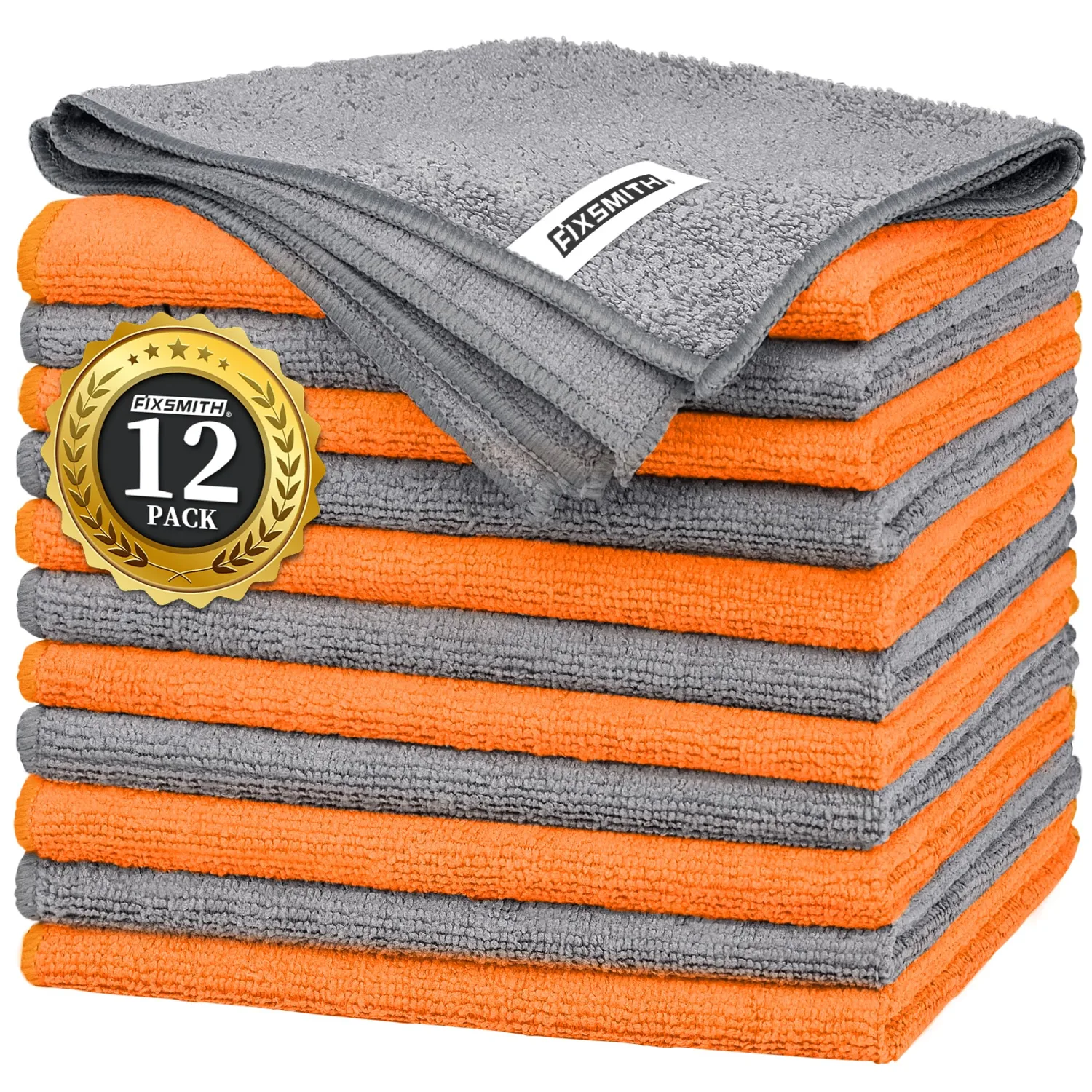 FIXSMITH Microfiber Cleaning Cloth -Pack of 12, Highly Absorbent Cleaning Rags(Grey&Orange), 16"X12" All Purpose Cleaning Towels for Housekeeping, Kitchen, Car, Reusable Microfiber Towels