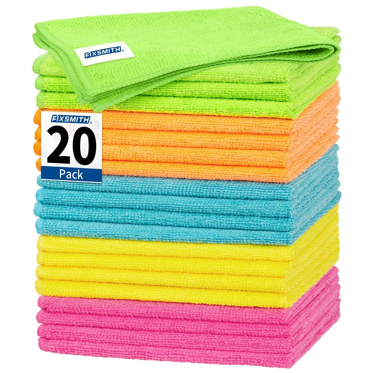 FIXSMITH Microfiber Cleaning Cloth, 20 Pack Cleaning Rags, Cleaning Towels for Housekeeping, Kitchen, Car, Lint-Free, Reusable Shop Towels with 5 Colors (Green/Blue/Yellow/Orange/Pink), 12"X12"