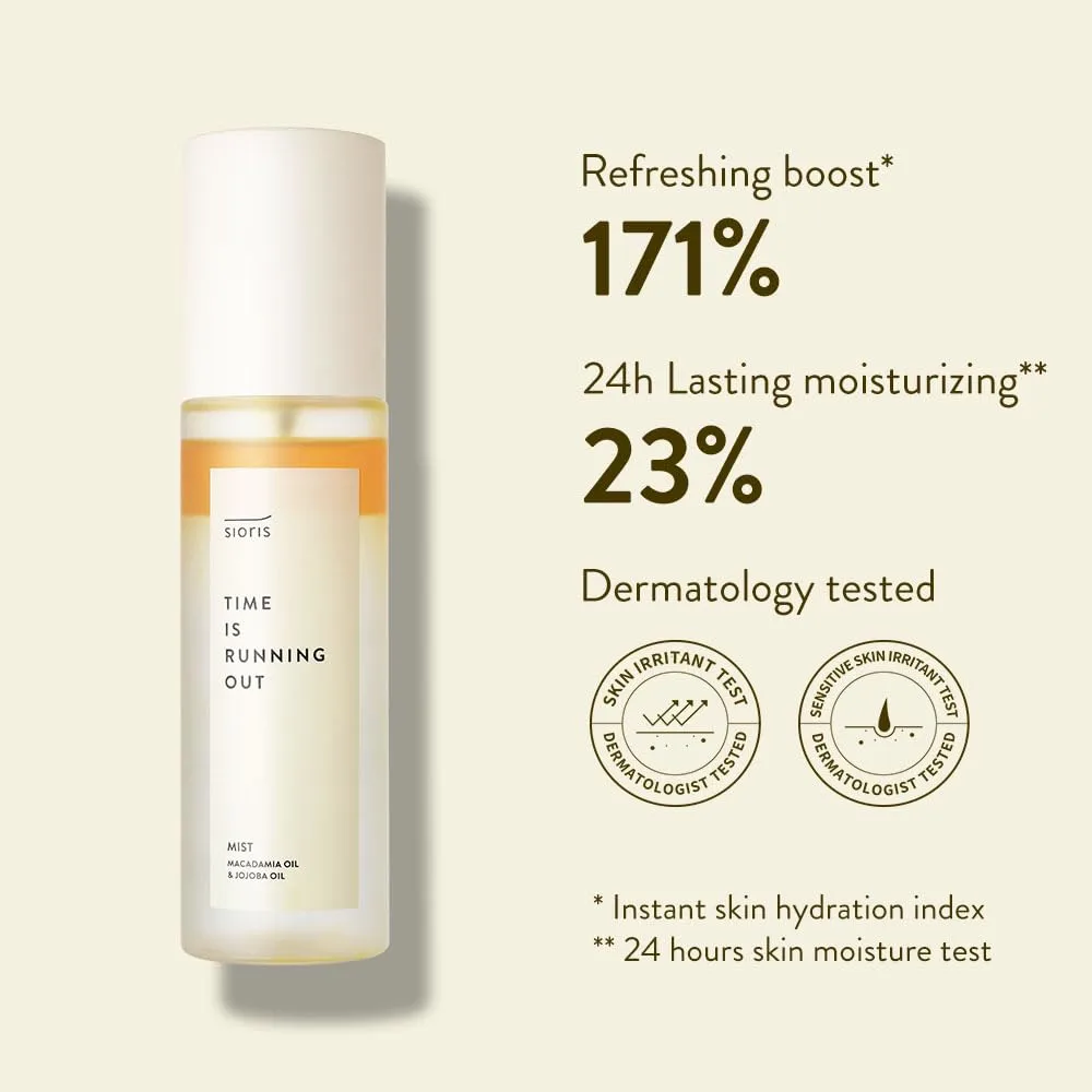 SIORIS Time Is Running Out mist 30ml (organic, vegan), glass skin face mist for Sensitive Skin, jojoba oil for moisture lock, enriched citrus water rejuvenates glass veil finish