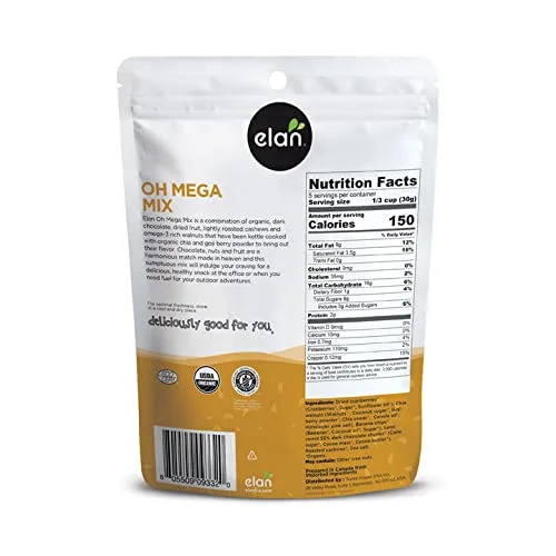 Elan Organic Oh Mega Mix, 4.8 oz, Vegan Dark Chocolate, Dried Fruits (Cranberries & Banana Chips), Nuts (Chia Walnuts & Roasted Cashews), Non-GMO, Gluten-Free, Vegan, Guilt-Free Snacks