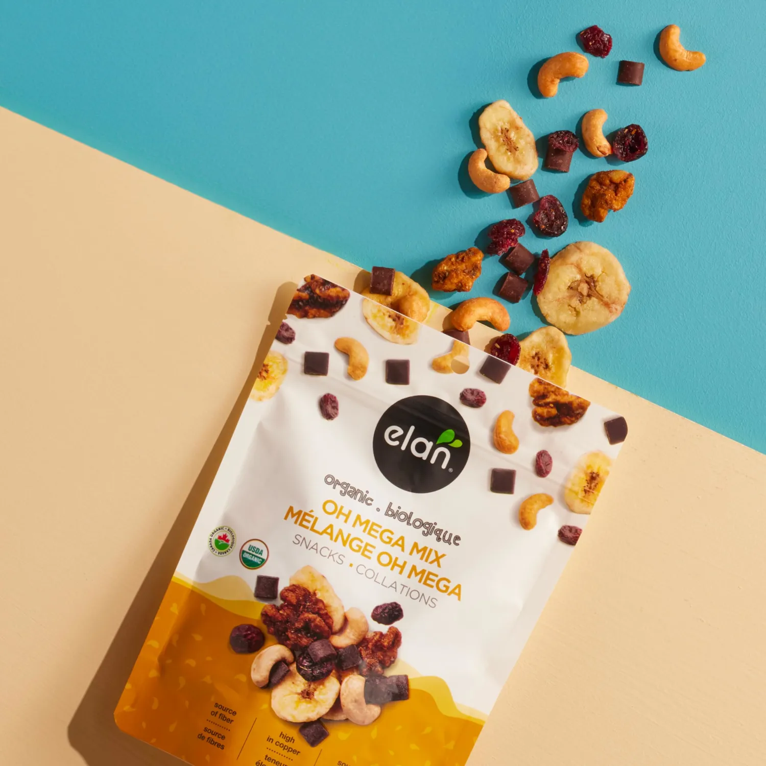 Elan Organic Oh Mega Mix, 4.8 oz, Vegan Dark Chocolate, Dried Fruits (Cranberries & Banana Chips), Nuts (Chia Walnuts & Roasted Cashews), Non-GMO, Gluten-Free, Vegan, Guilt-Free Snacks