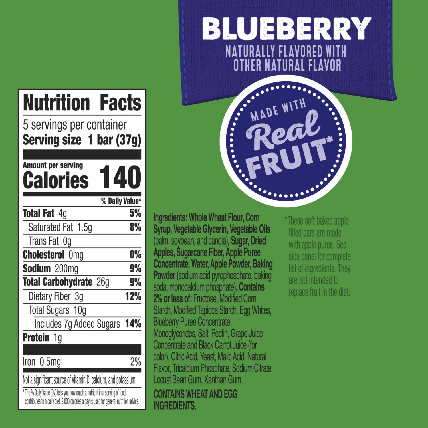Mott's Soft Baked Apple Filled Bars, Blueberry Flavor Snacks, Made with Real Fruit, 5 Ct, 6.55 oz