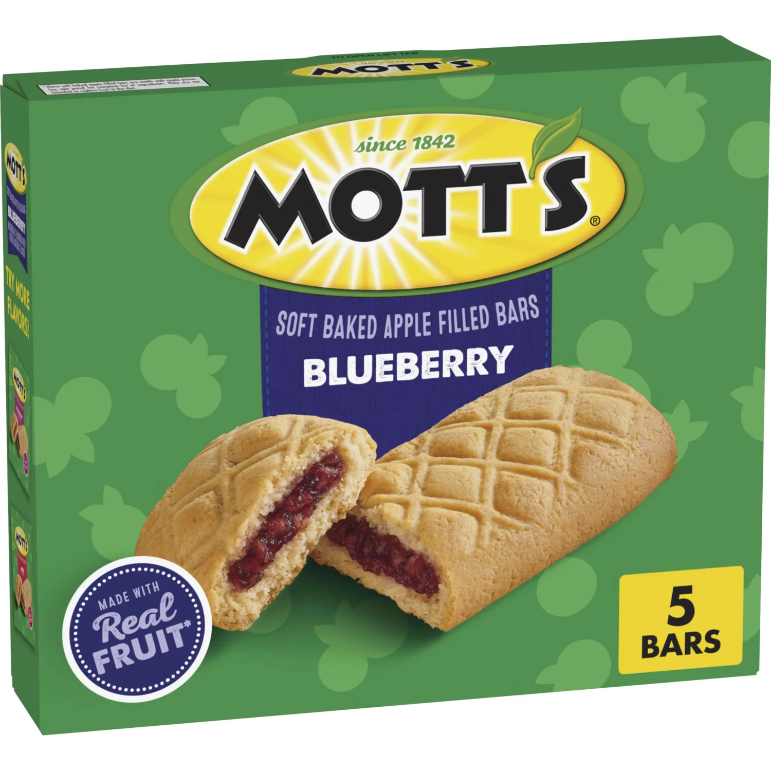Mott's Soft Baked Apple Filled Bars, Blueberry Flavor Snacks, Made with Real Fruit, 5 Ct, 6.55 oz