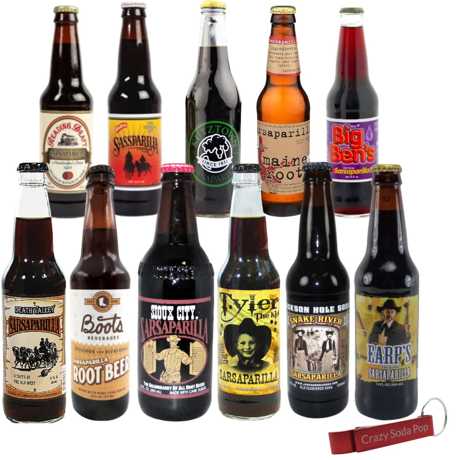 Sarsaparilla Soda Variety Sampler Pack | Premium Crafted Variety Pack from Around USA | Includes Crazy Soda Pop Bottle Opener (4 Pack)