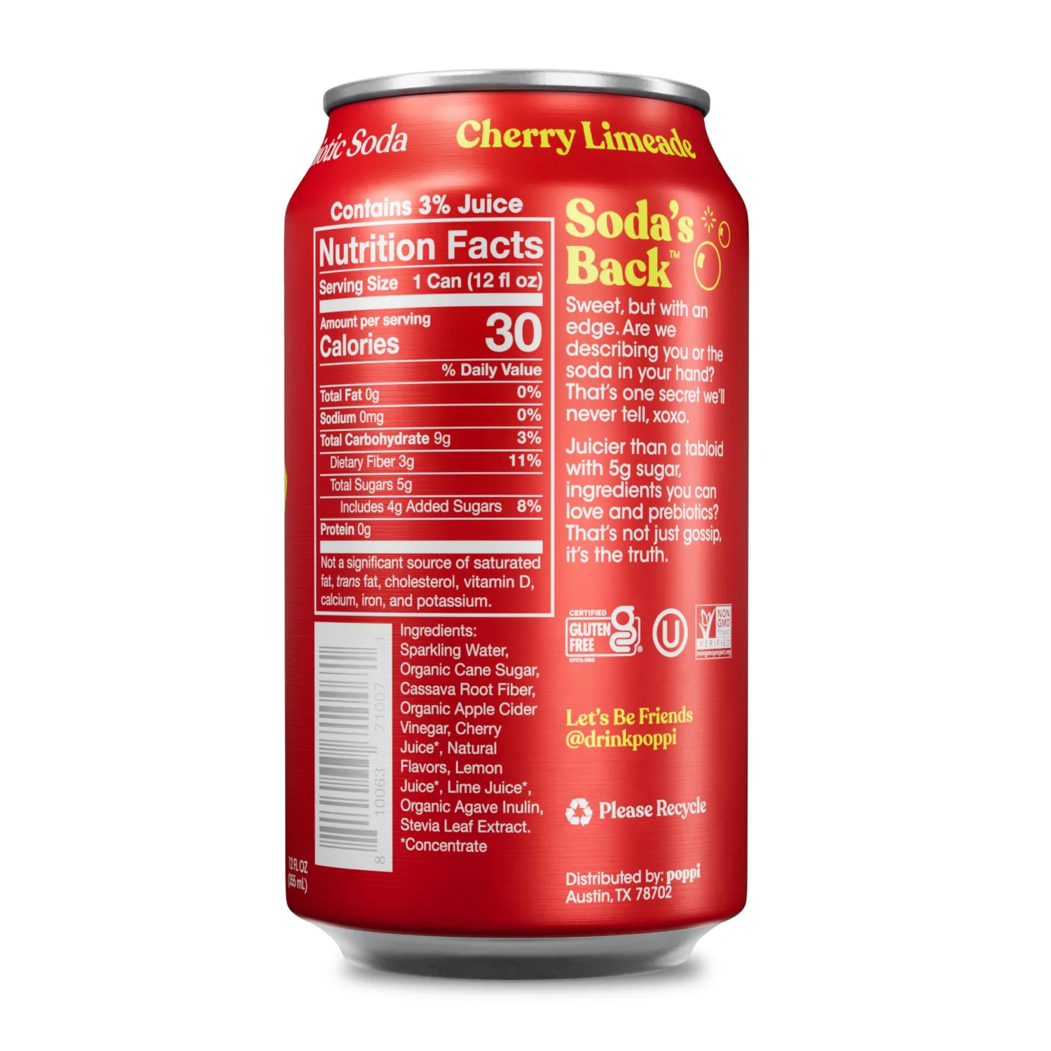 Poppi Sparkling Prebiotic Soda Beverage with Apple Cider Vinegar, Seltzer Water and Fruit Juice, Cherry Limeade Flavor, 12 Fl Oz, 1 Count, Packaging May Vary