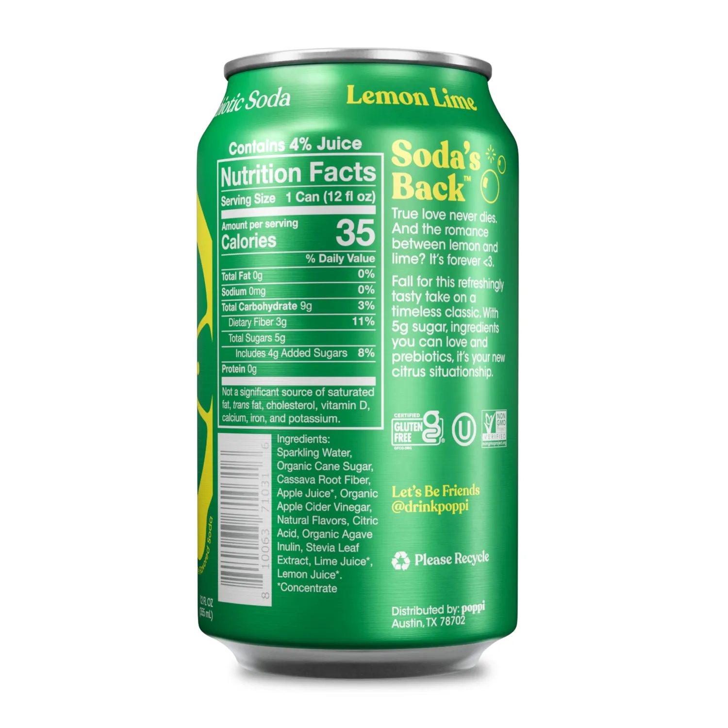 Poppi Sparkling Prebiotic Soda Beverage with Apple Cider Vinegar, Seltzer Water and Fruit Juice, Lemon Lime Flavor, 12 Fl Oz, 1 Count, Packaging May Vary