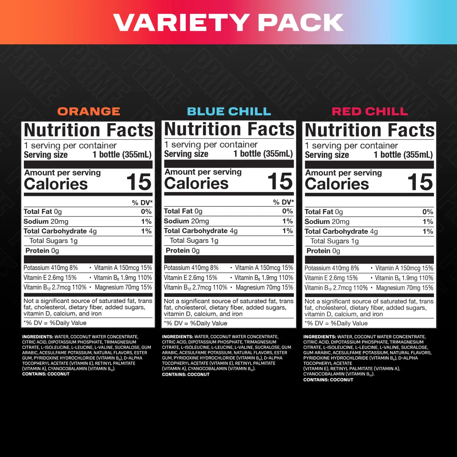 Prime ICE Hydration Variety Pack Smooth & Refreshing Low-Calorie Sports Drink with 10% Coconut Water, 500+ mg Electrolytes & Zero Added Sugar, 12 fl oz Bottles, Pack of 15