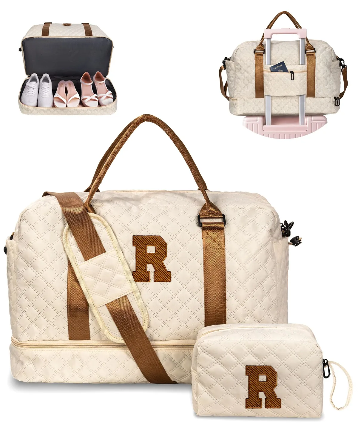 Initial Duffle Bag, Personalized Weekender Bag with Shoulder Strap, Monogram Overnight Bag for Women Wet Pocket, Letter Travel Bag with Makeup Bag Gifts for Niece (Letter R)
