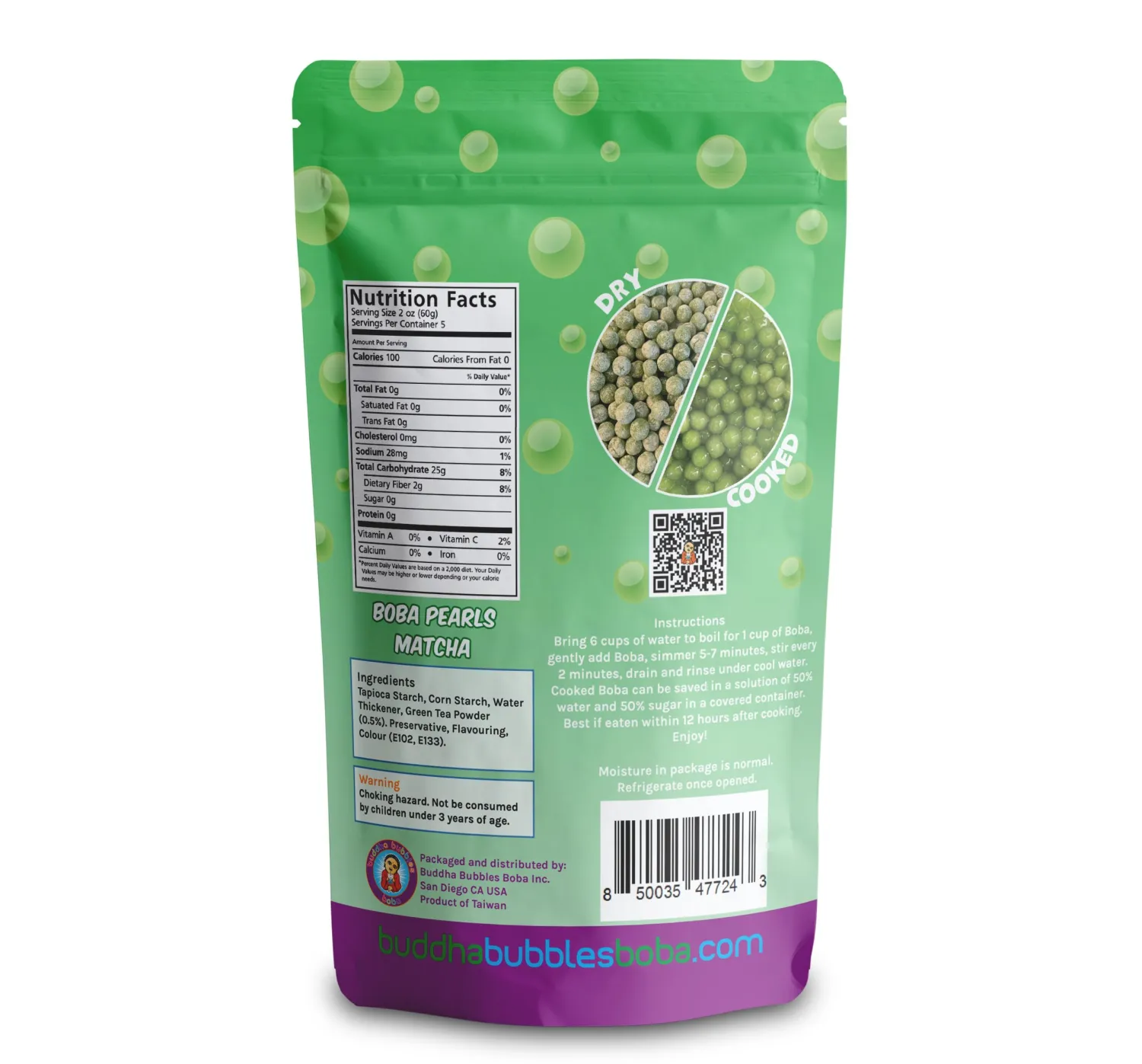 Premium TARO Boba Tea Real Tapioca Pearls Ready in 3 Minutes by Buddha Bubbles Boba (Matcha Green Tea)