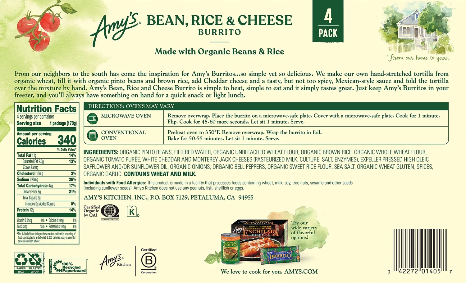 Amy's Burrito, Made with Organic Bean, Cheese & Rice - 6.0 oz (Pack of 4)