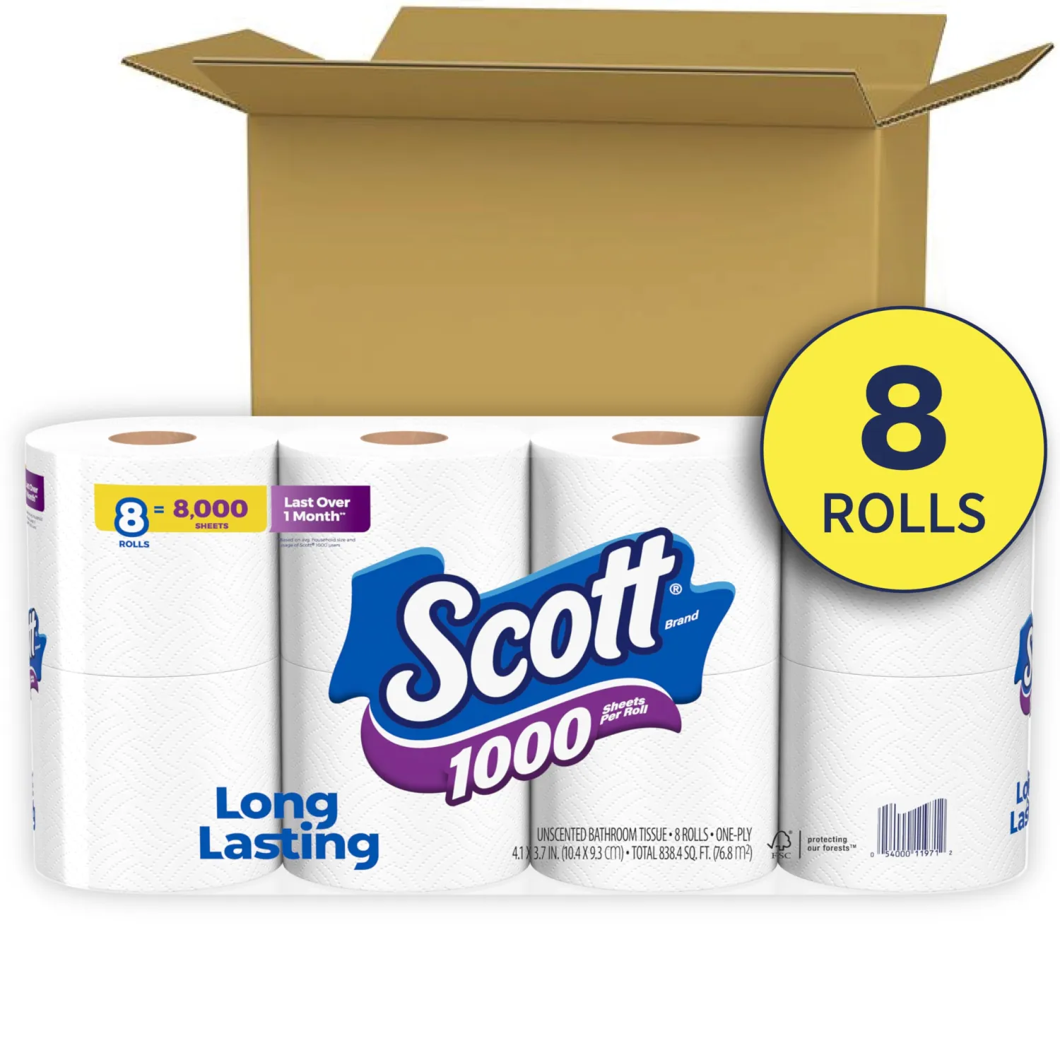 Scott Regular Roll Toilet Tissue, 1 Ply, White, 8 Rolls