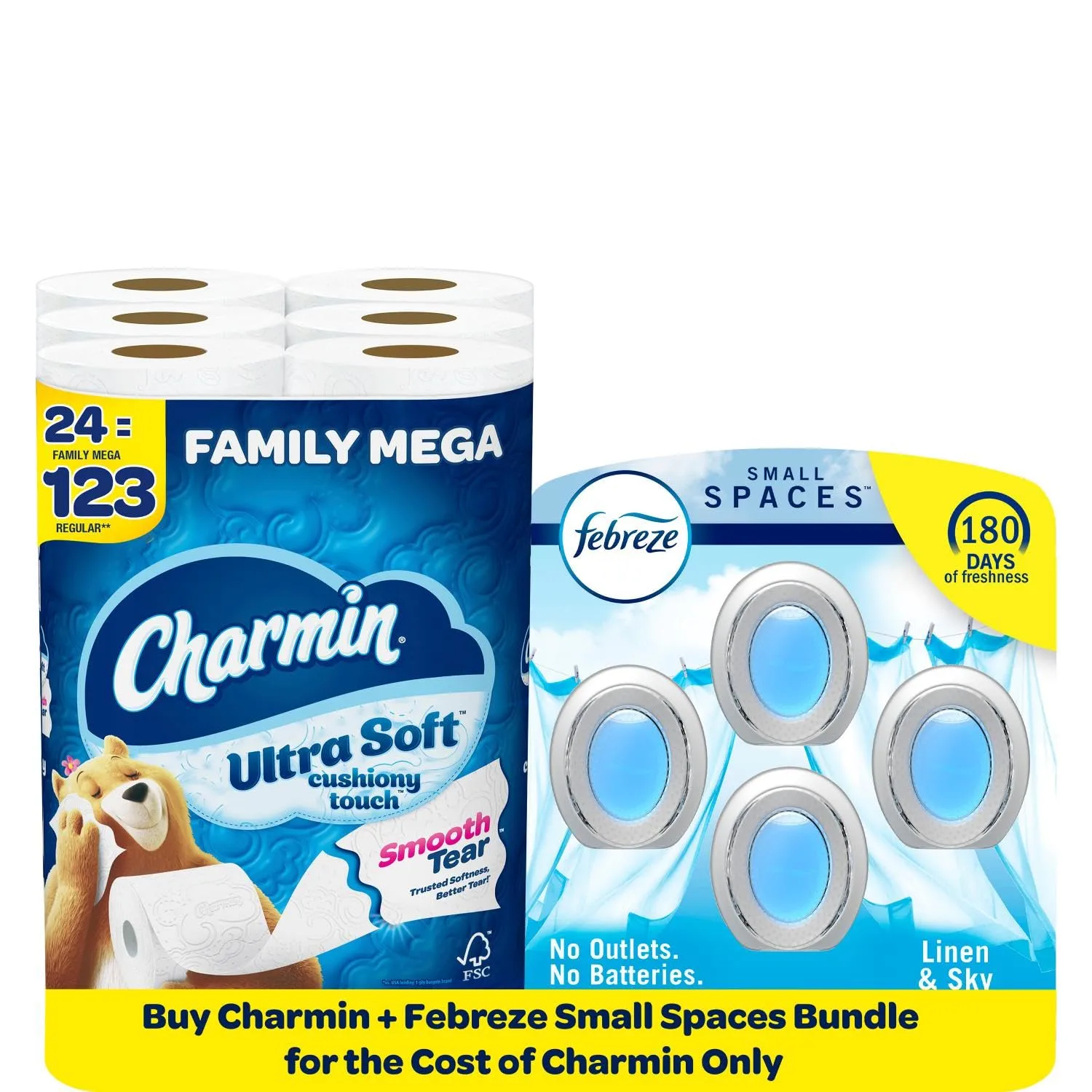 Charmin Ultra Soft Cushiony Touch Toilet Paper, 24 Family Mega Rolls = 123 Regular Rolls and Febreze Small Spaces, Plug in Air Freshener, Linen & Sky, Odor Eliminator for Strong Odor (4 Count)