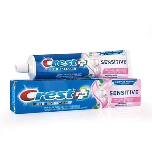 Crest Premium Plus Sensitive Toothpaste with Active Foam Whitening, Soothing Mint Flavor, 7oz (Pack of 2)