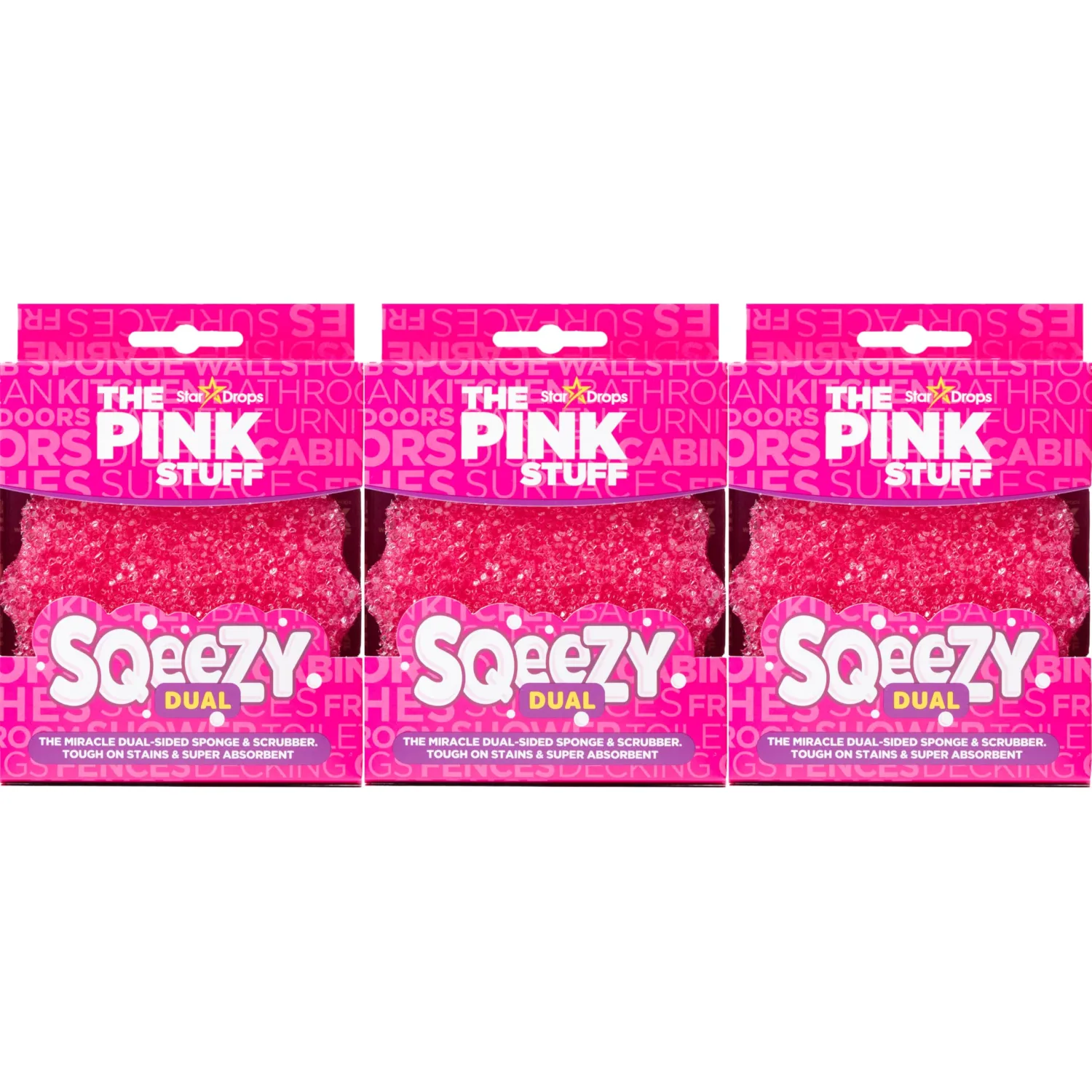 Stardrops – The Pink Stuff – SQeeZY Miracle Dual Sided Scrubber Sponge, Scratch Free Solution for Ultimate Home Cleaning - Perfect for Kitchens, Bathrooms, and Outdoor Use, 3-Pack