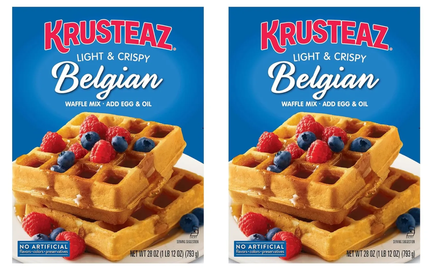 Krusteaz Light & Crispy Belgian Waffle Mix - No Artificial Flavors, Colors, or Preservatives - 28 OZ (Pack of 2) (Packaging May Vary)