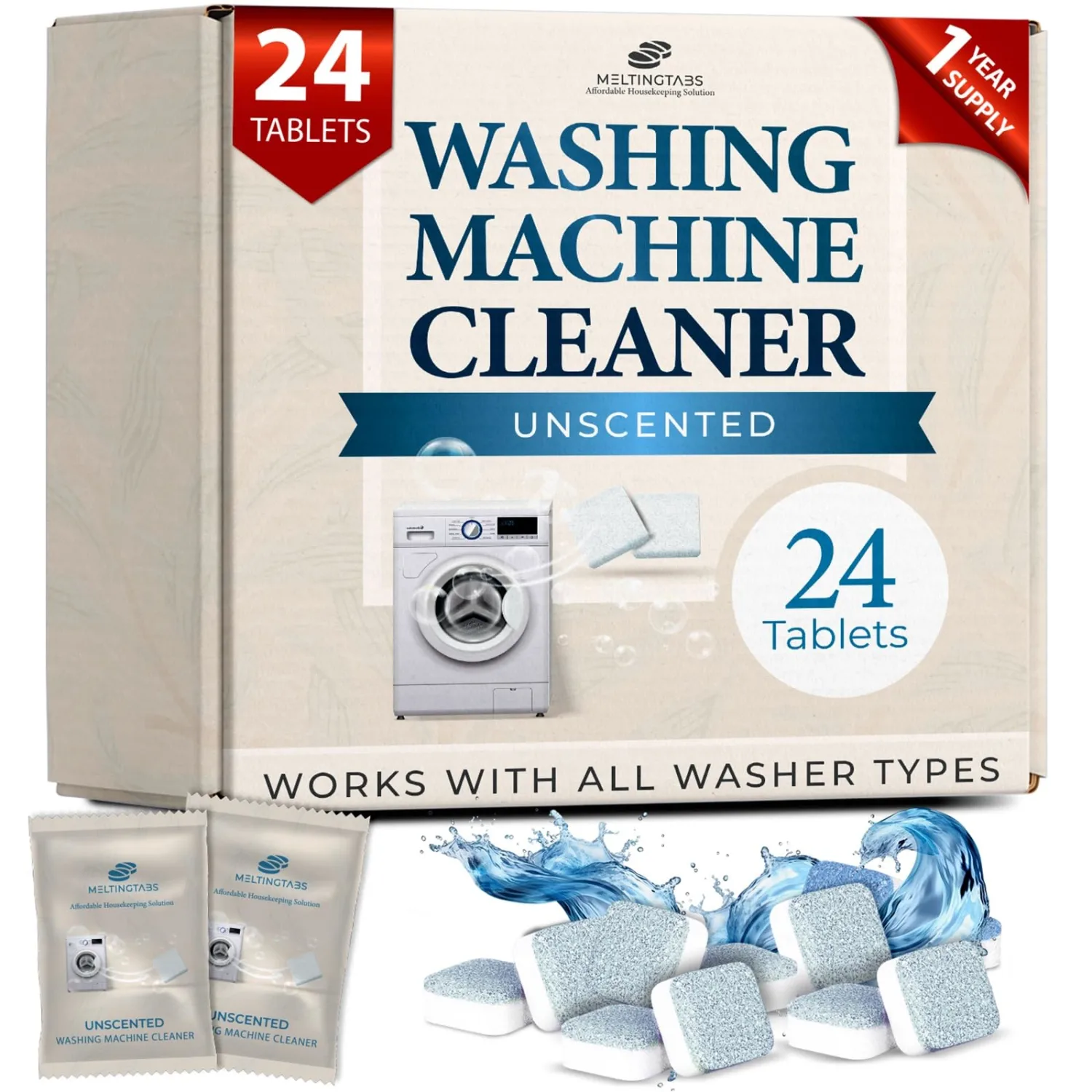 Washing Machine Cleaner Tablets – Deep Clean Washer Descale, Laundry Tub Cleaning Solution, Smell Fresh, Eliminates Buildup & Dirt, For Front & Top Load Washers, Easy-to-Use, 24 Pack, unscented