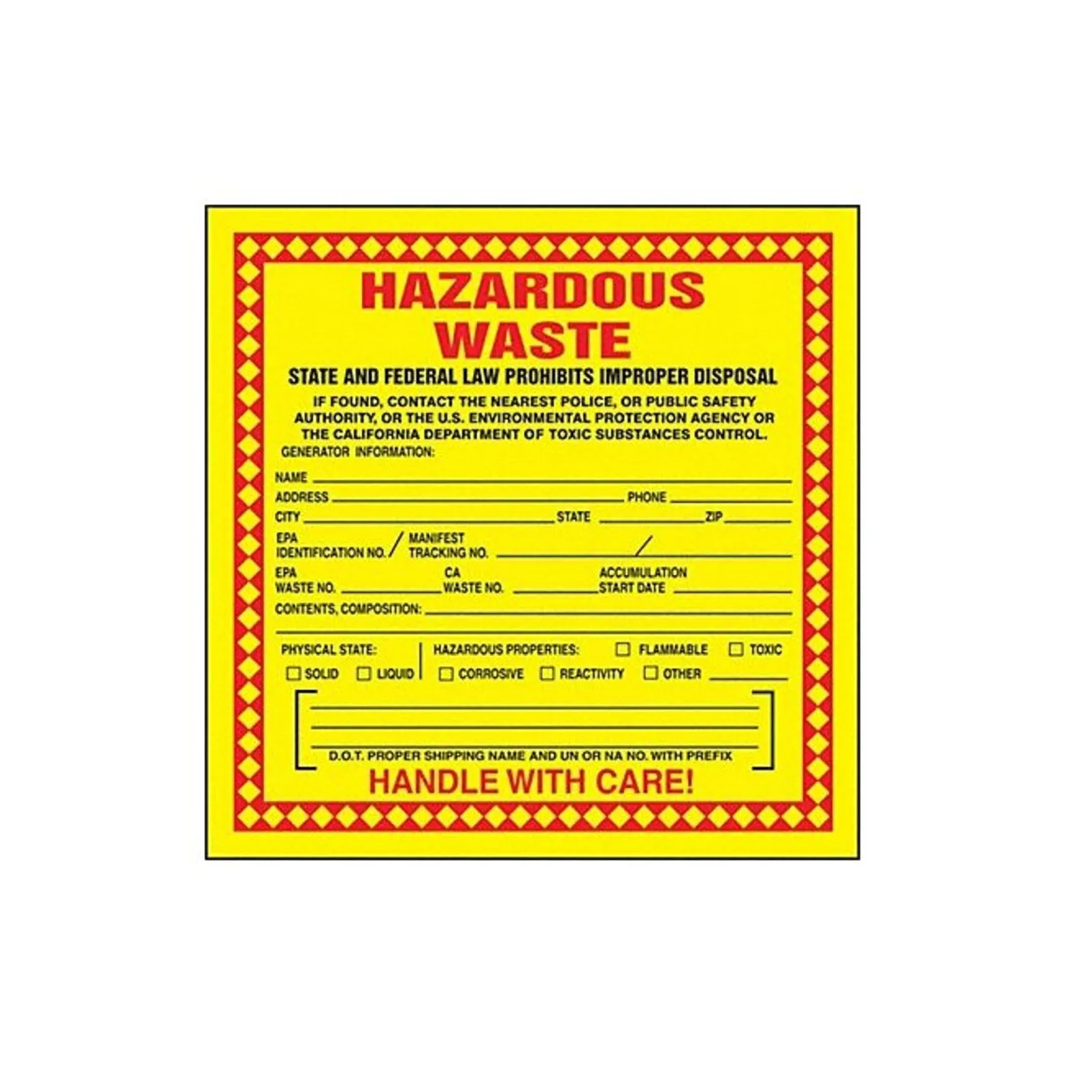 Self Adhesive Paper California Hazardous Waste Label, 15cm Height, 15cm Width