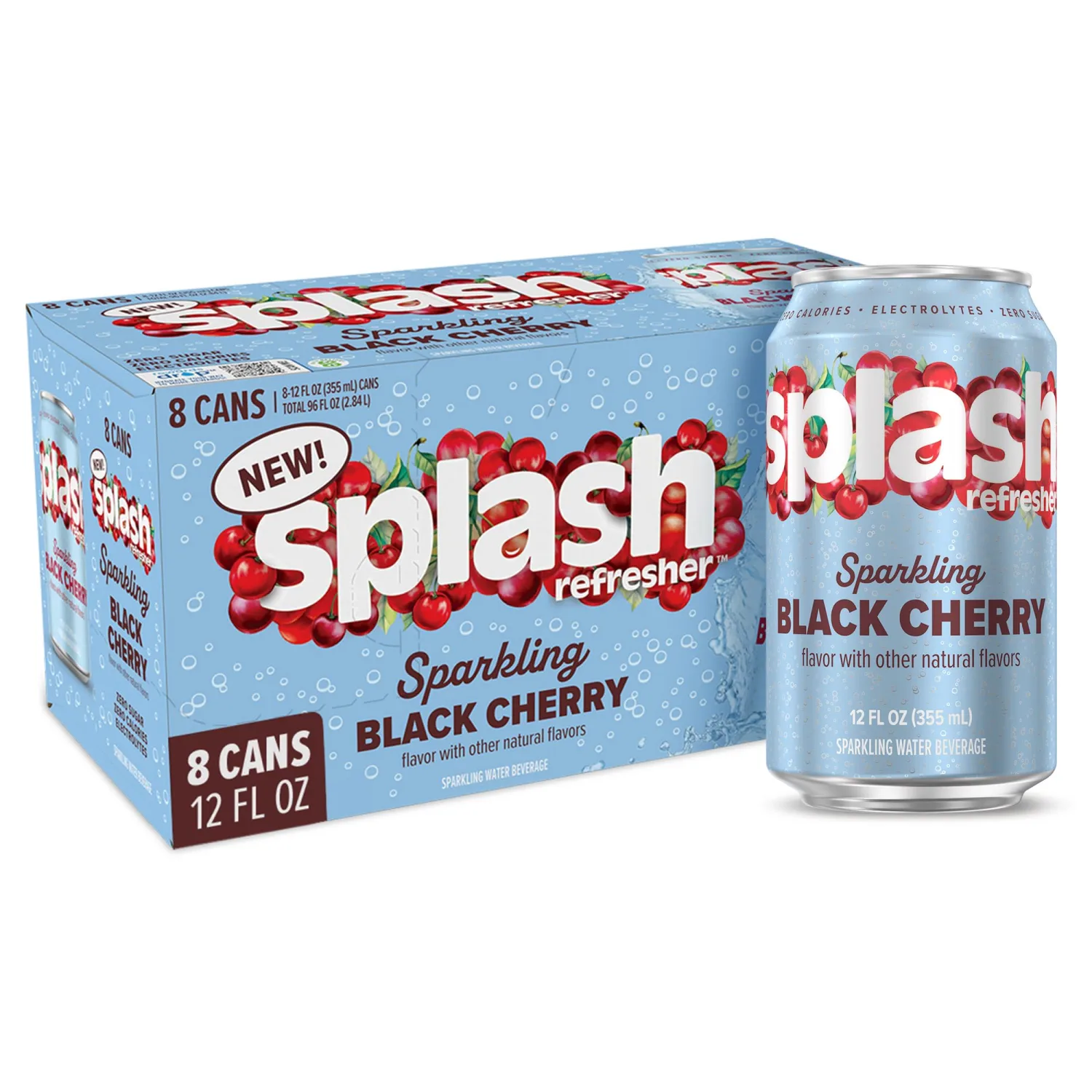 Splash Refresher Sparkling Water, Black Cherry - 8-Pack, 12 Fl Oz Cans - Flavored Carbonated Seltzer Water with Electrolytes, Zero Sugar & Zero Calories