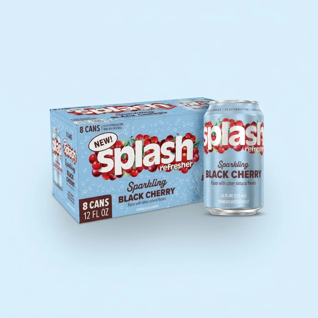 Splash Refresher Sparkling Water, Black Cherry - 8-Pack, 12 Fl Oz Cans - Flavored Carbonated Seltzer Water with Electrolytes, Zero Sugar & Zero Calories
