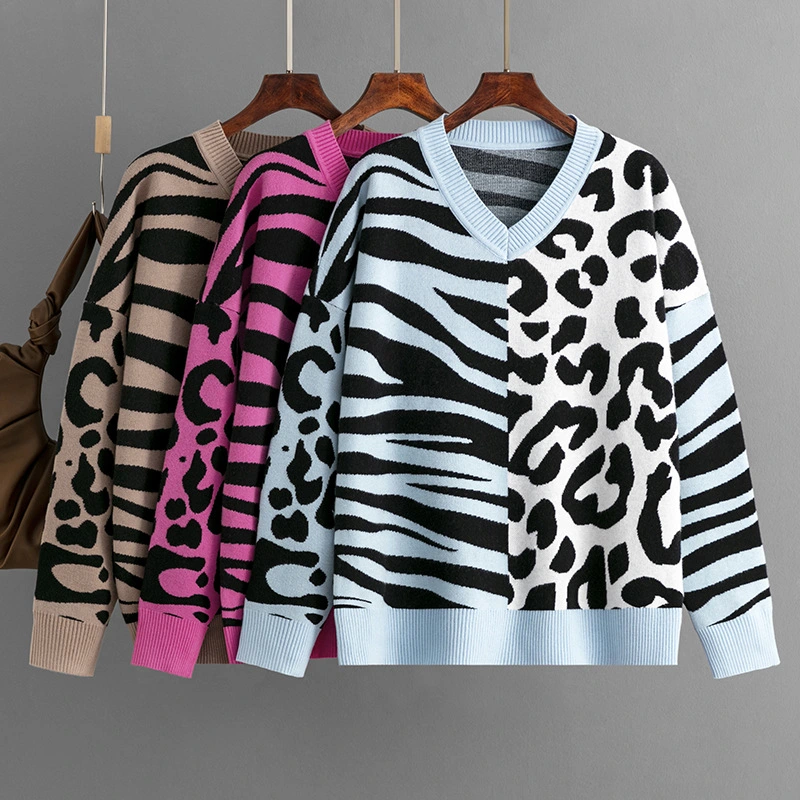 Leopard Splicing Mixed Sweater Pullover
