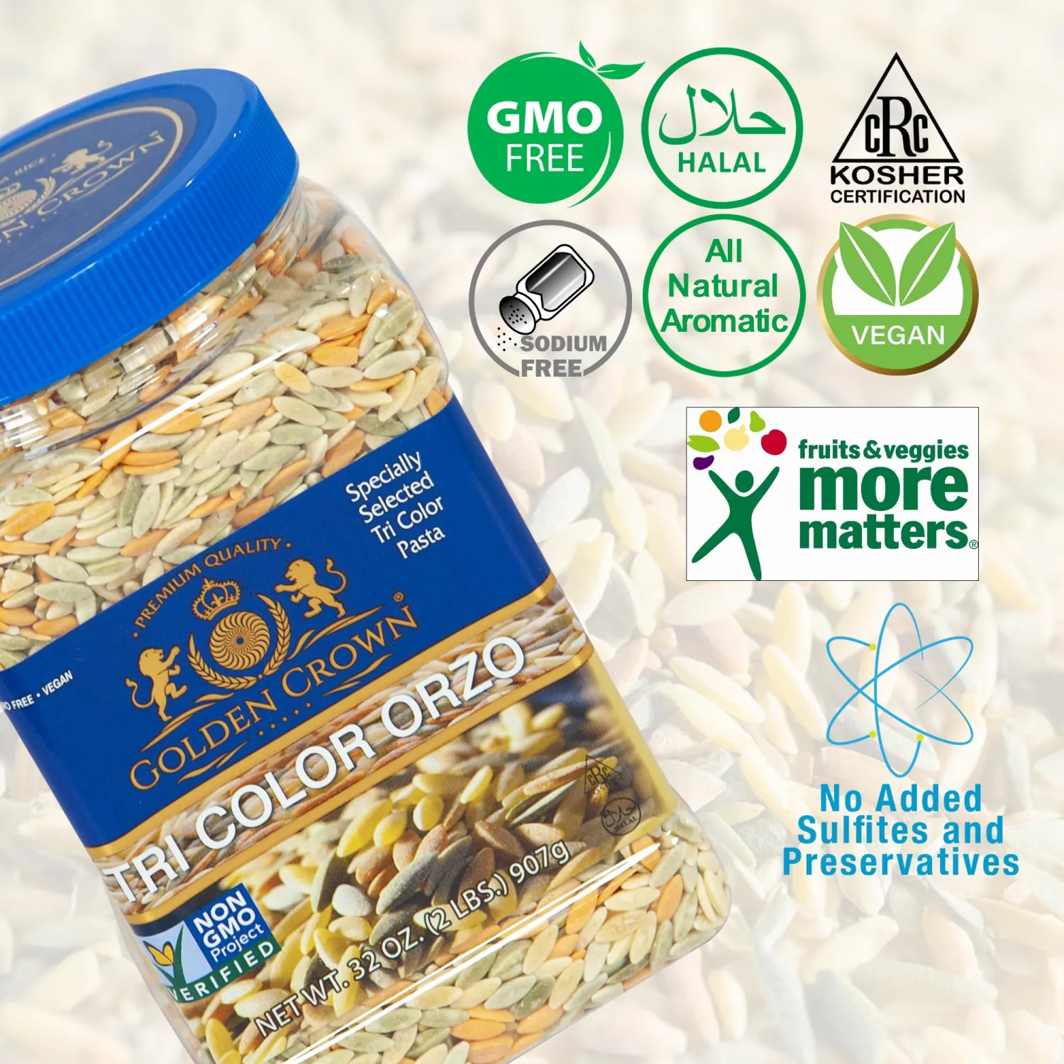Golden Crown Tri-Color Orzo Rice-Shaped Pasta - 32 Oz (2 Lb), Non - GMO Natural Orzo for Soups, Casseroles & Salads | Cooks In A Few Minutes