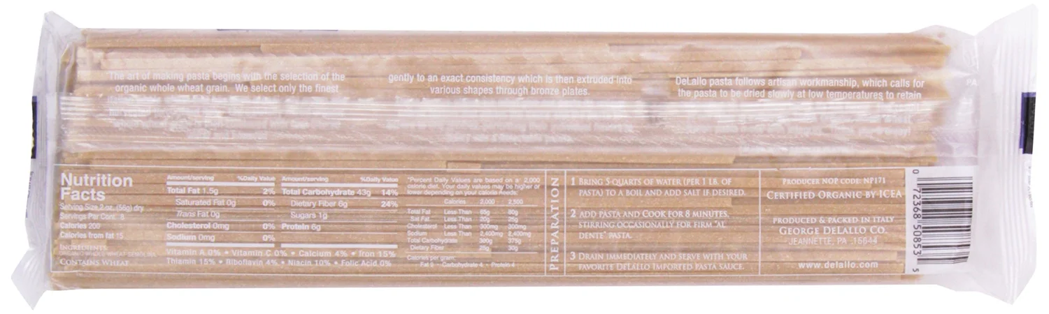 DeLallo Whole Wheat Linguine Organic Pasta, 16 Oz