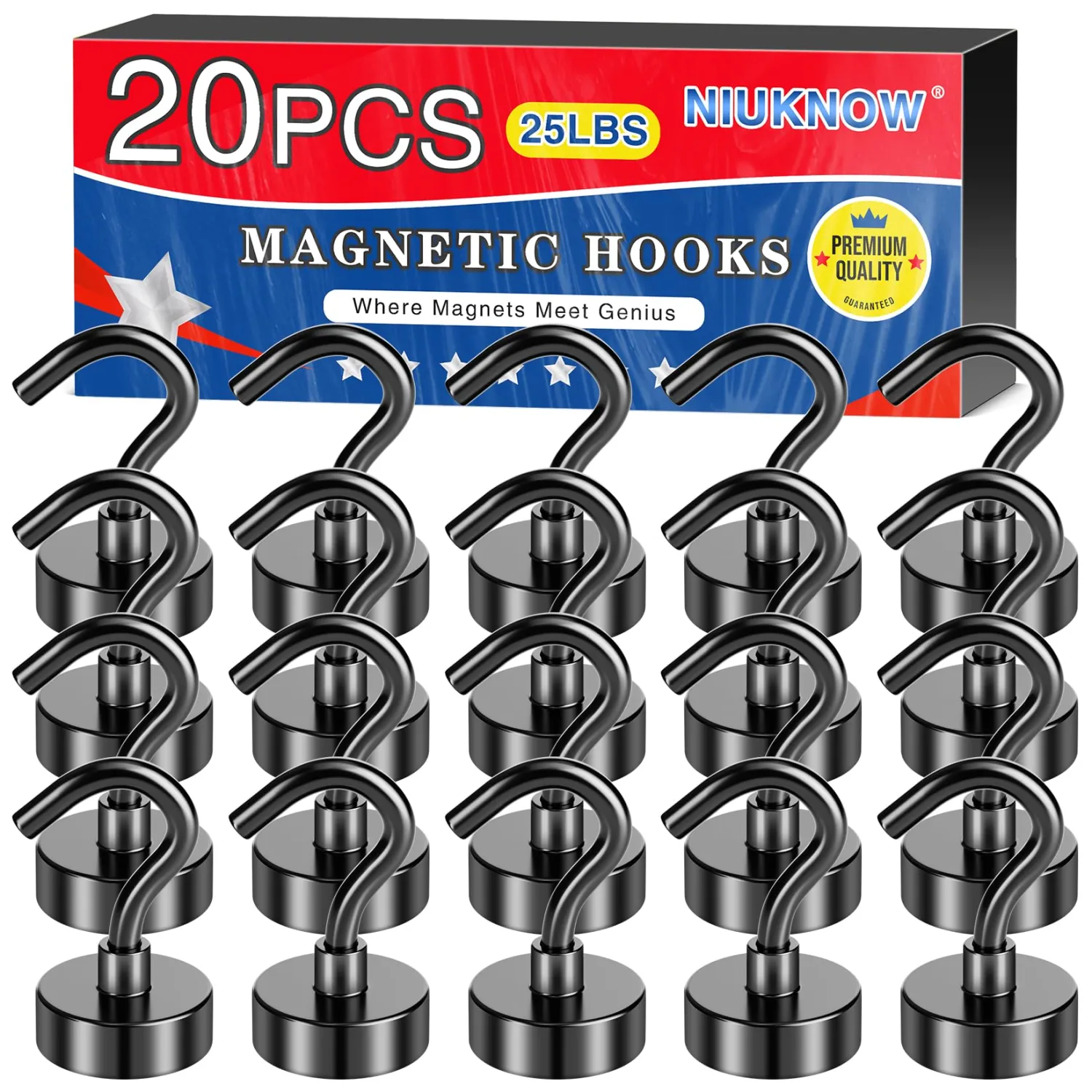 Magnetic Hooks, 20Pack Neodymium Magnet Hook for Hanging, 25LBS Strong Metal Magnet with Hooks Heavy Duty for Classrooms, Cruise, Fridge, Oven Mitts, Whiteboards, Office, Home and Kitchen