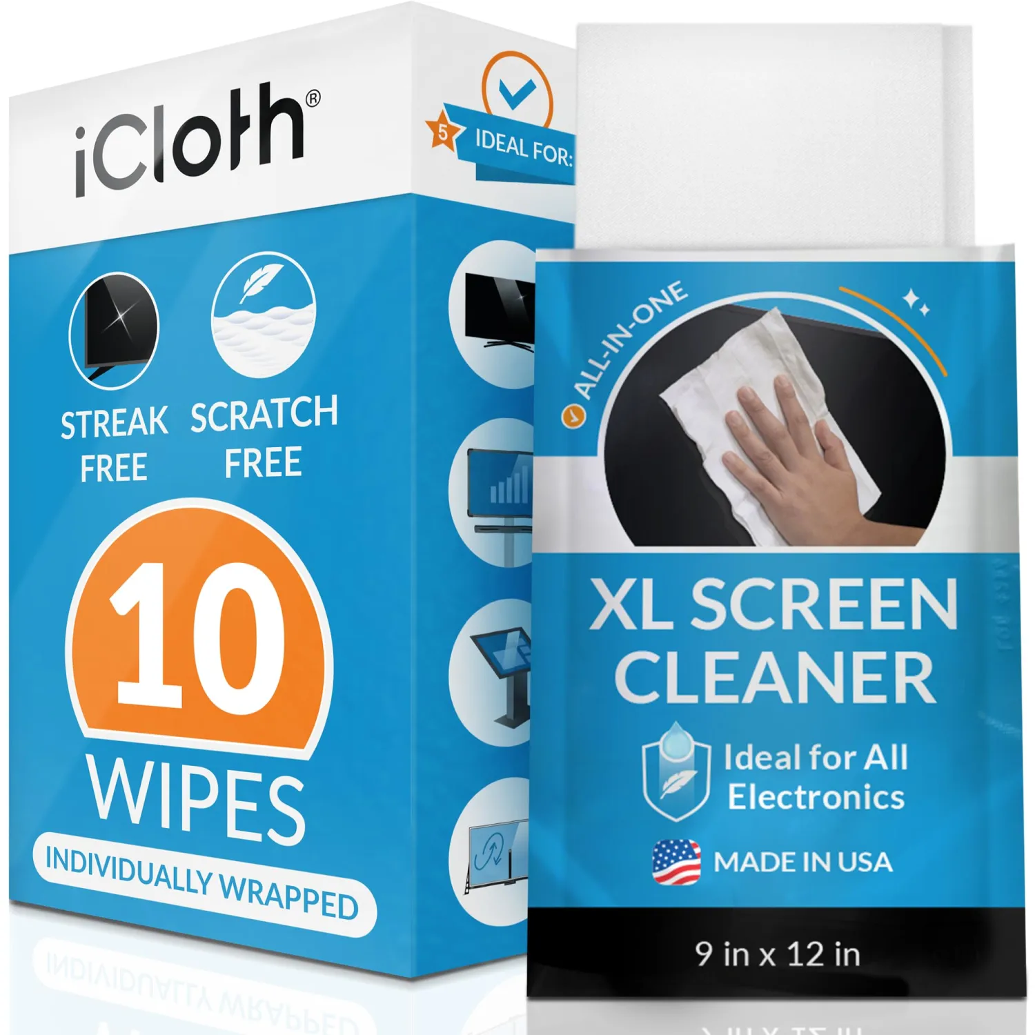 iCloth XL Screen Cleaning Wipes, Lint-Free and Streak-Free, Fast-Drying, Removes Dust, Fingerprints, and Smudges (10 XL Wipes)