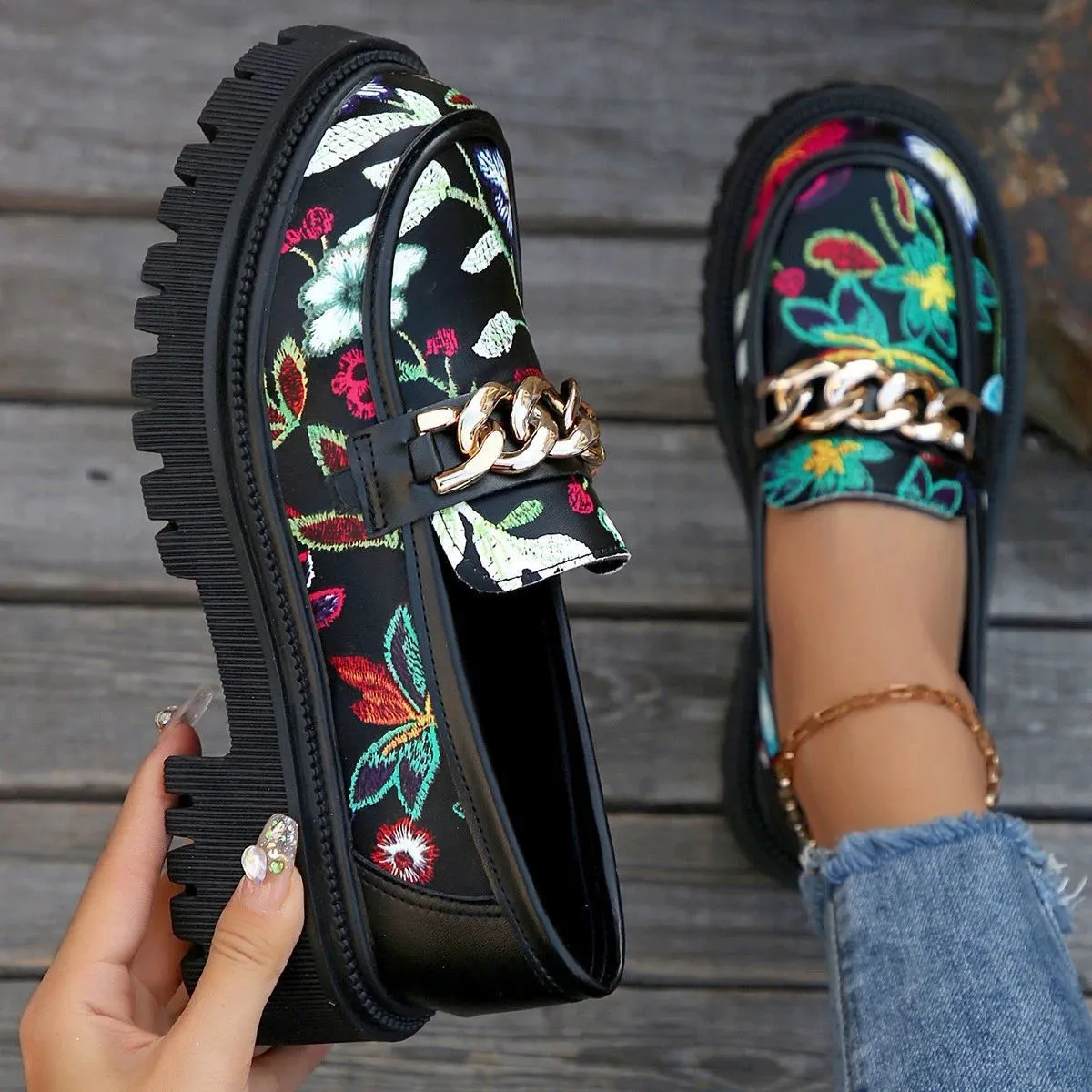 Plus Size Chunky Heel Trendy Retro Loafers