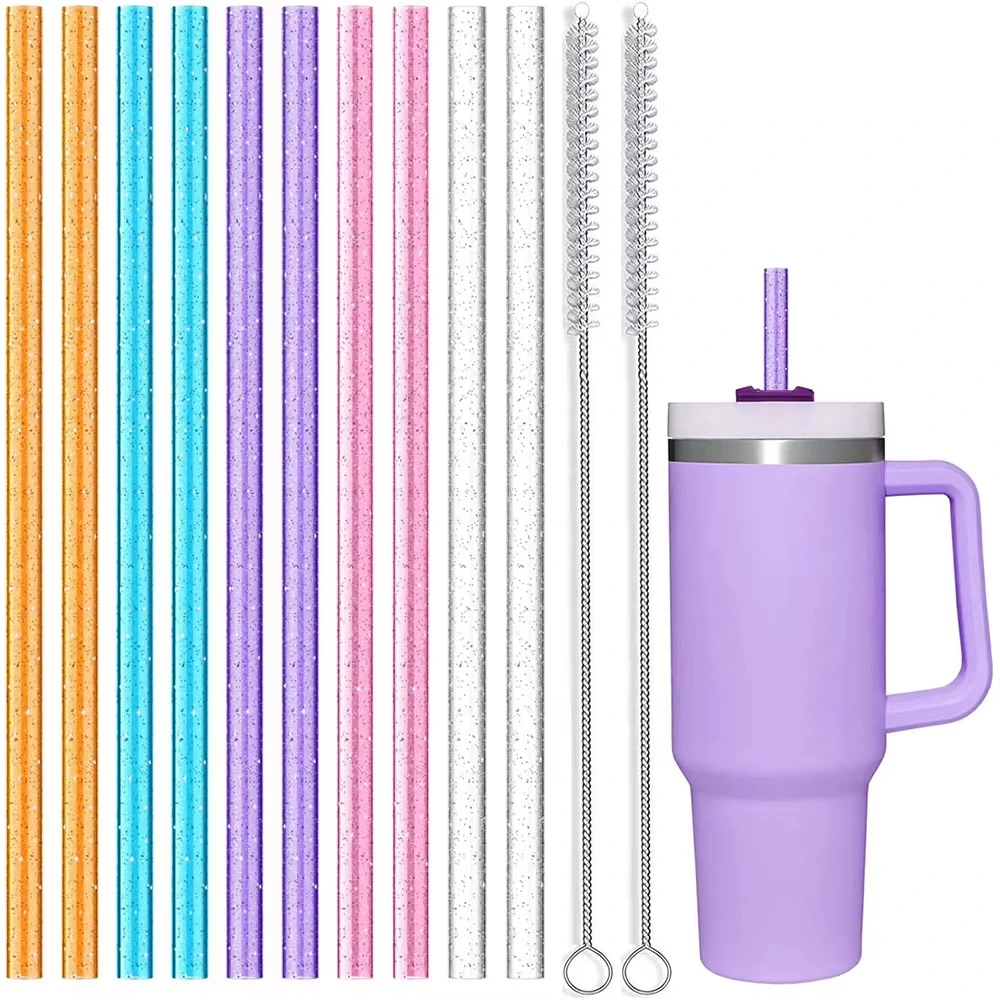 Glitter Color Plastic Reusable Drinking Straw With Brush