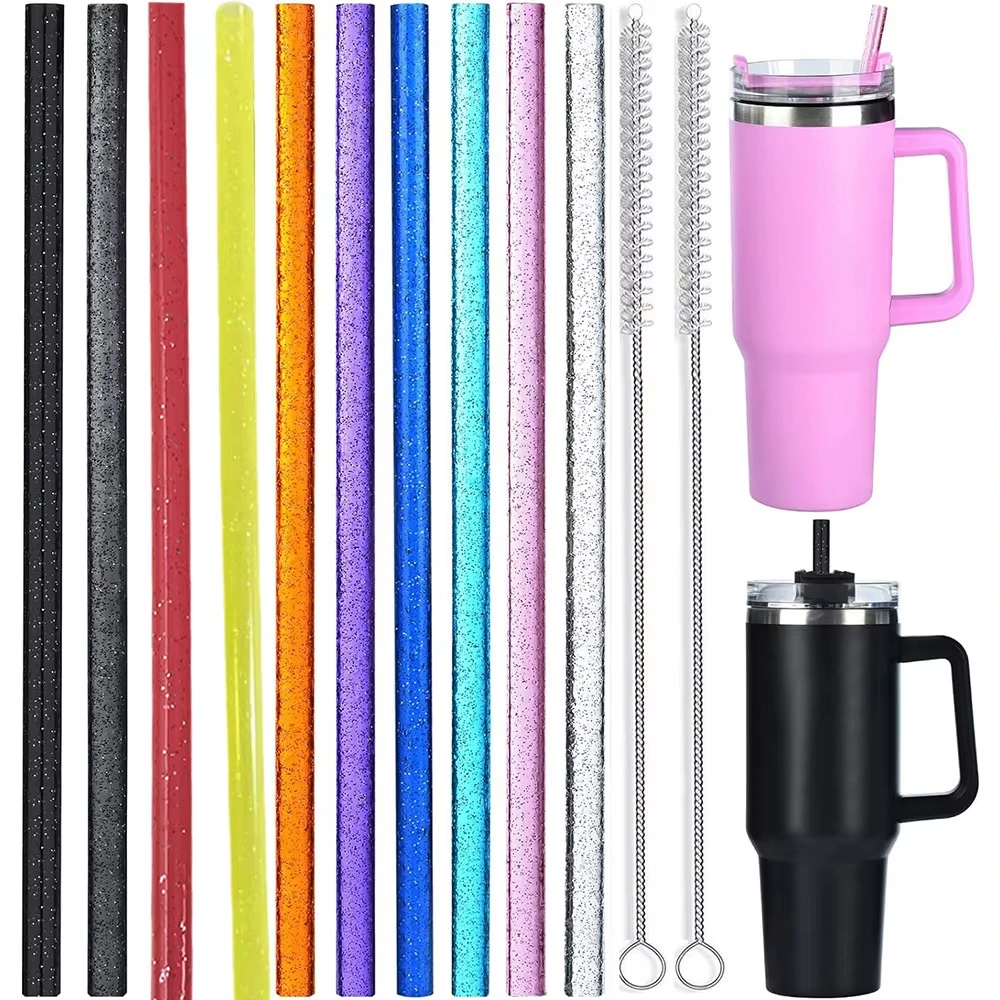 Glitter Color Plastic Reusable Drinking Straw With Brush