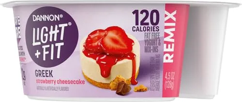 Dannon Light + Fit REMIX Strawberry Cheesecake Nonfat Greek Yogurt with Graham Cookies, Caramel Pearls and Dark Chocolate Mix-Ins, Creamy and Delicious Light Yogurt, 4.5 OZ Cups