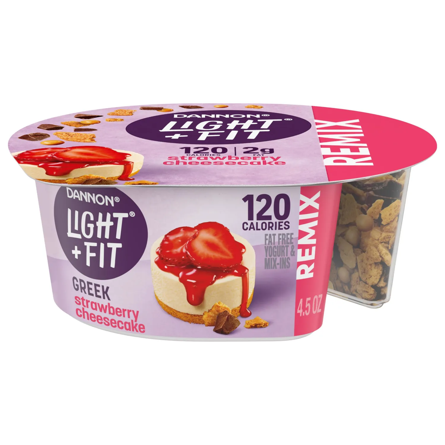 Dannon Light + Fit REMIX Strawberry Cheesecake Nonfat Greek Yogurt with Graham Cookies, Caramel Pearls and Dark Chocolate Mix-Ins, Creamy and Delicious Light Yogurt, 4.5 OZ Cups