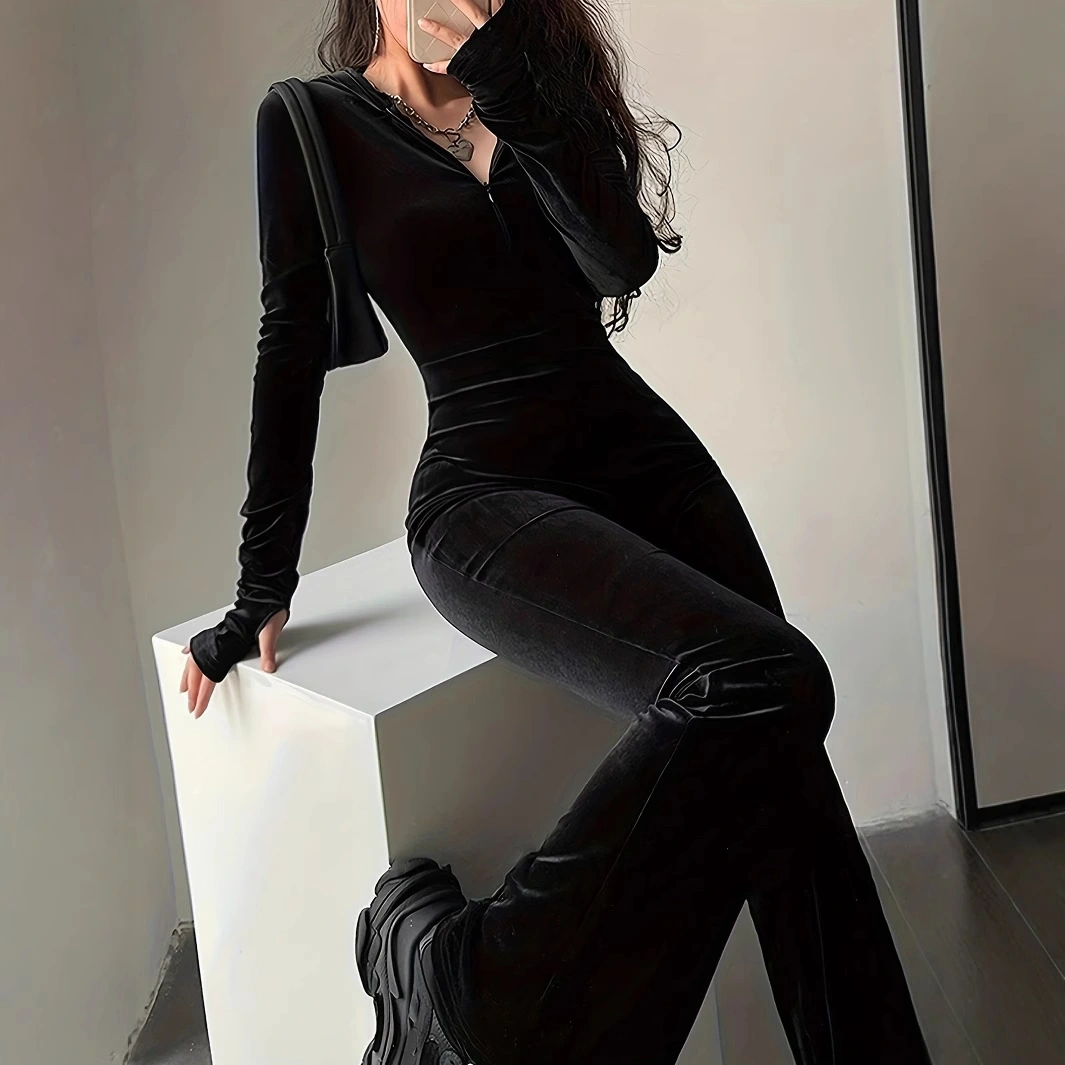 Velvet Slim Fit Hood Jumpsuit